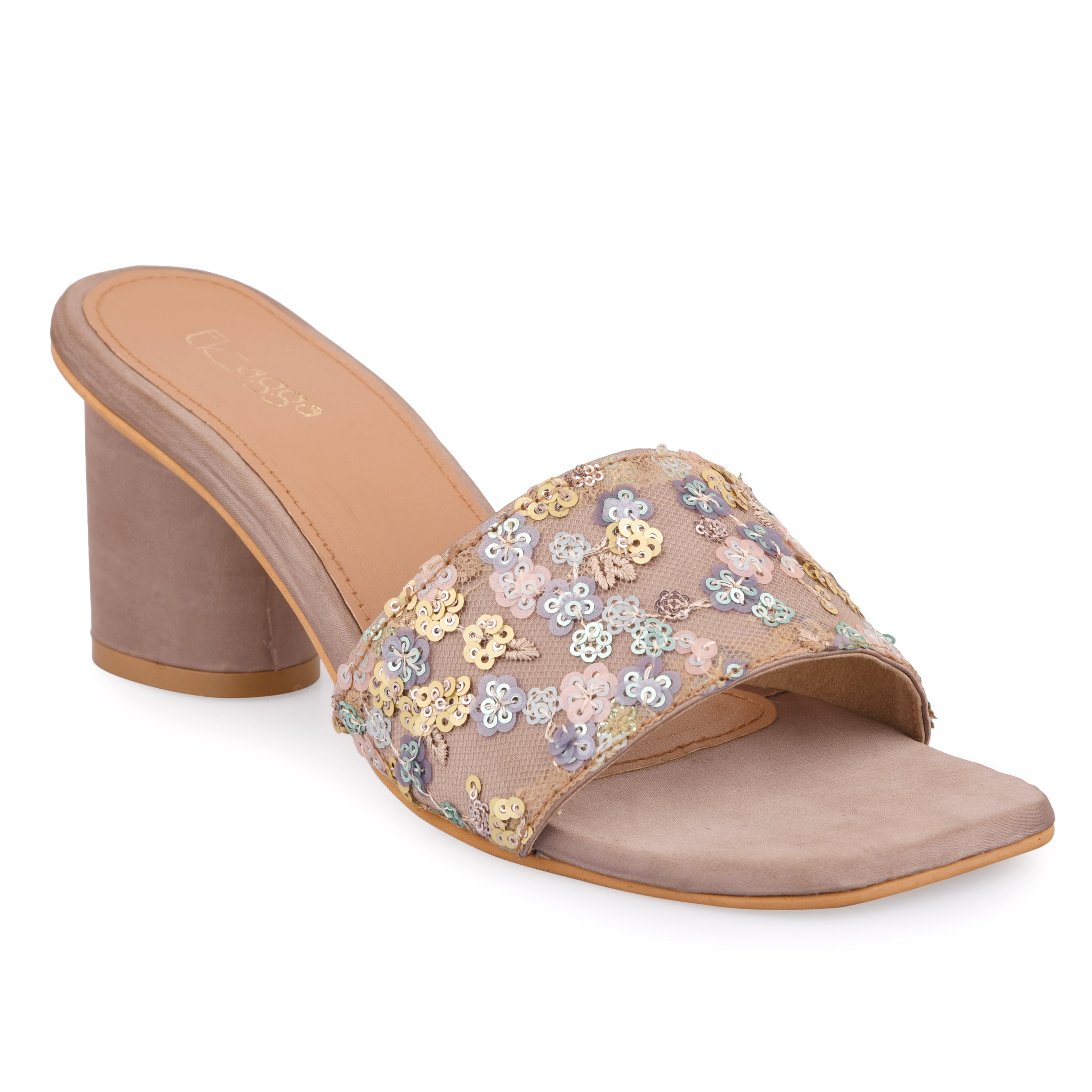 Sequins Heels by EK_agga with Beige, Block Heels, Brown, Embroidered, Evening Wear, Heels, Not Priced, Open Toes, Patent leather, Regular Fit, Vegan at Kamakhyaa for sustainable fashion