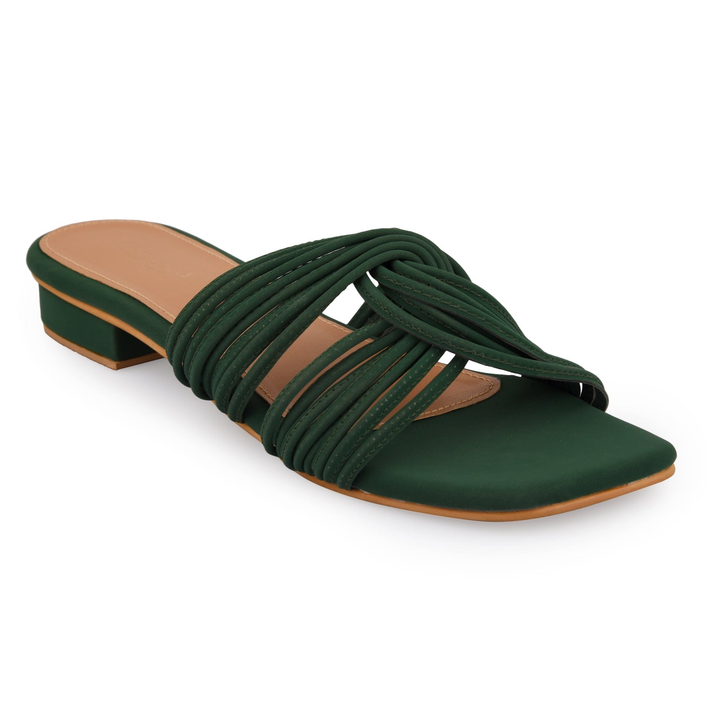 Interlock Flat by EK_agga with Evening Wear, Flats, Green, Not Priced, Open Toes, Patent leather, Regular Fit, Textured, Vegan at Kamakhyaa for sustainable fashion