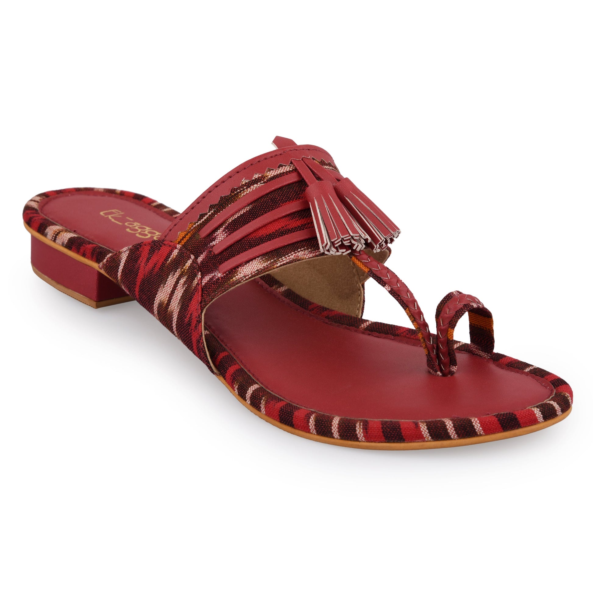 Ikat Kolhapuri by EK_agga with Casual Wear, Flats, Ikat Print, Not Priced, Open Toes, Patent leather, Pink, Red, Regular Fit, Textured, Toe Loop, Vegan at Kamakhyaa for sustainable fashion