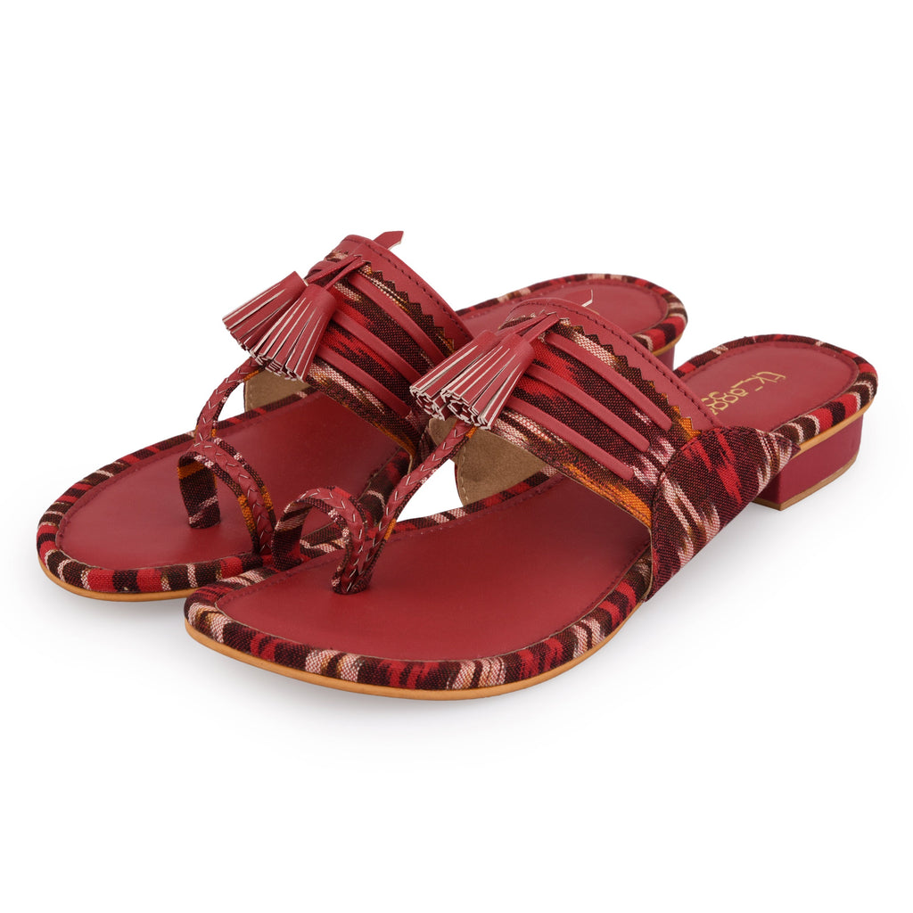 Ikat Kolhapuri by EK_agga with Casual Wear, Flats, Ikat Print, Not Priced, Open Toes, Patent leather, Pink, Red, Regular Fit, Textured, Toe Loop, Vegan at Kamakhyaa for sustainable fashion