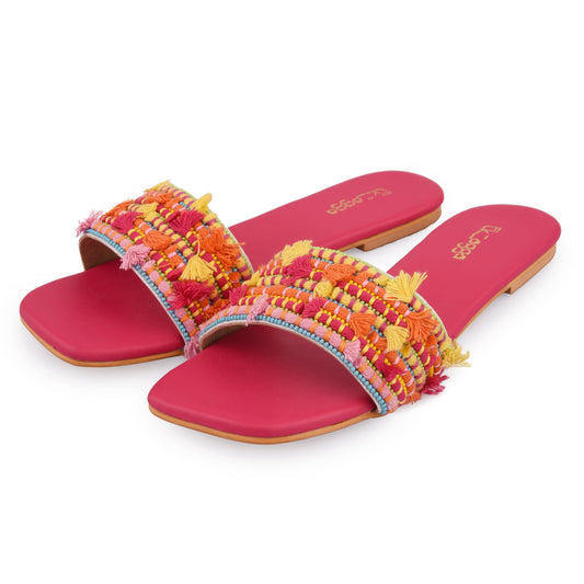 Beaded Flat by EK_agga with Embroidered, Flats, For Daughter, Not Priced, Open Toes, Patent leather, Pink, Regular Fit, Resort Wear, swarnali, Vegan at Kamakhyaa for sustainable fashion