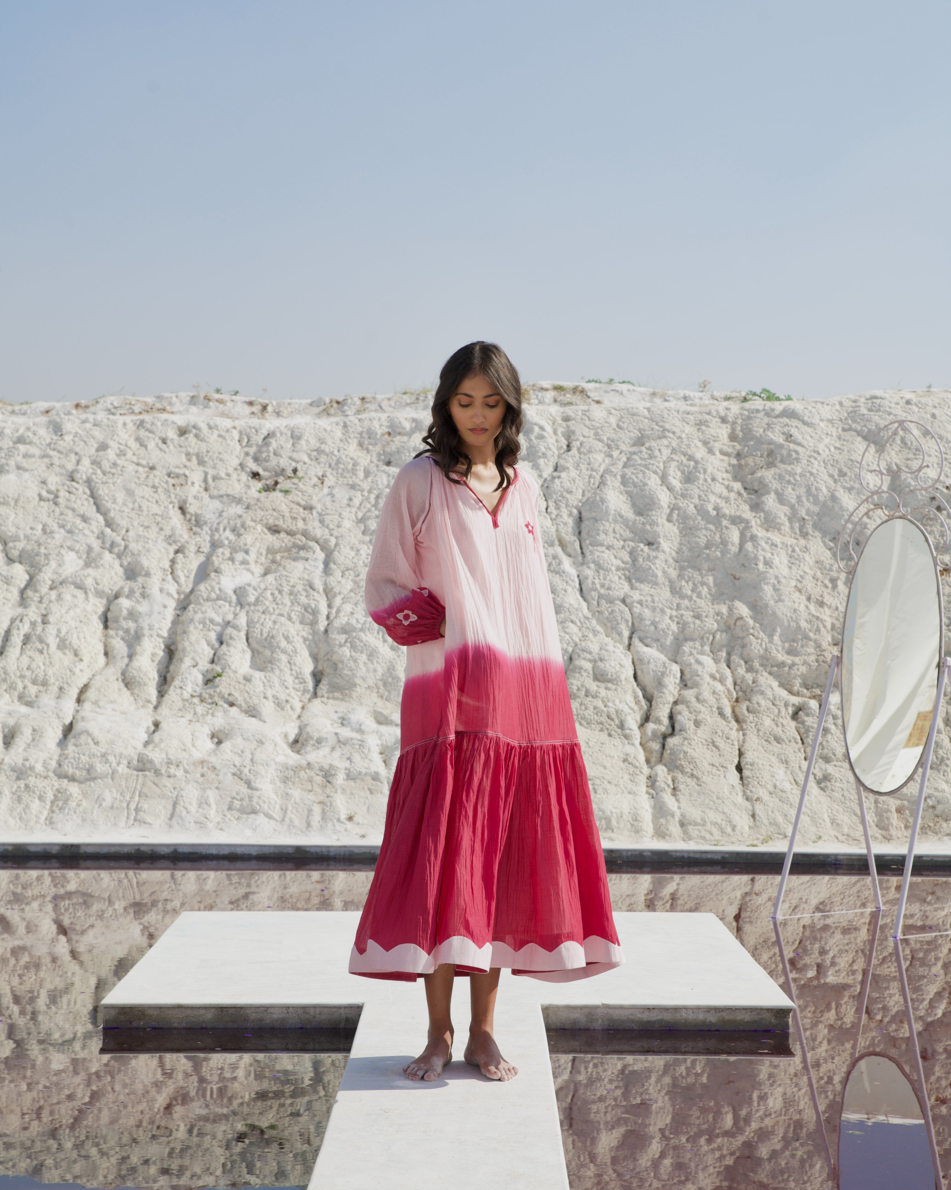 Pink Casual Midi Dress by The Loom Art with Aurora by The Loom Art, Casual Wear, Chanderi Silk, July Sale, July Sale 2023, Midi Dresses, Ombre & Dyes, Organic, Pink, Relaxed Fit, Tiered Dresses, Womenswear at Kamakhyaa for sustainable fashion