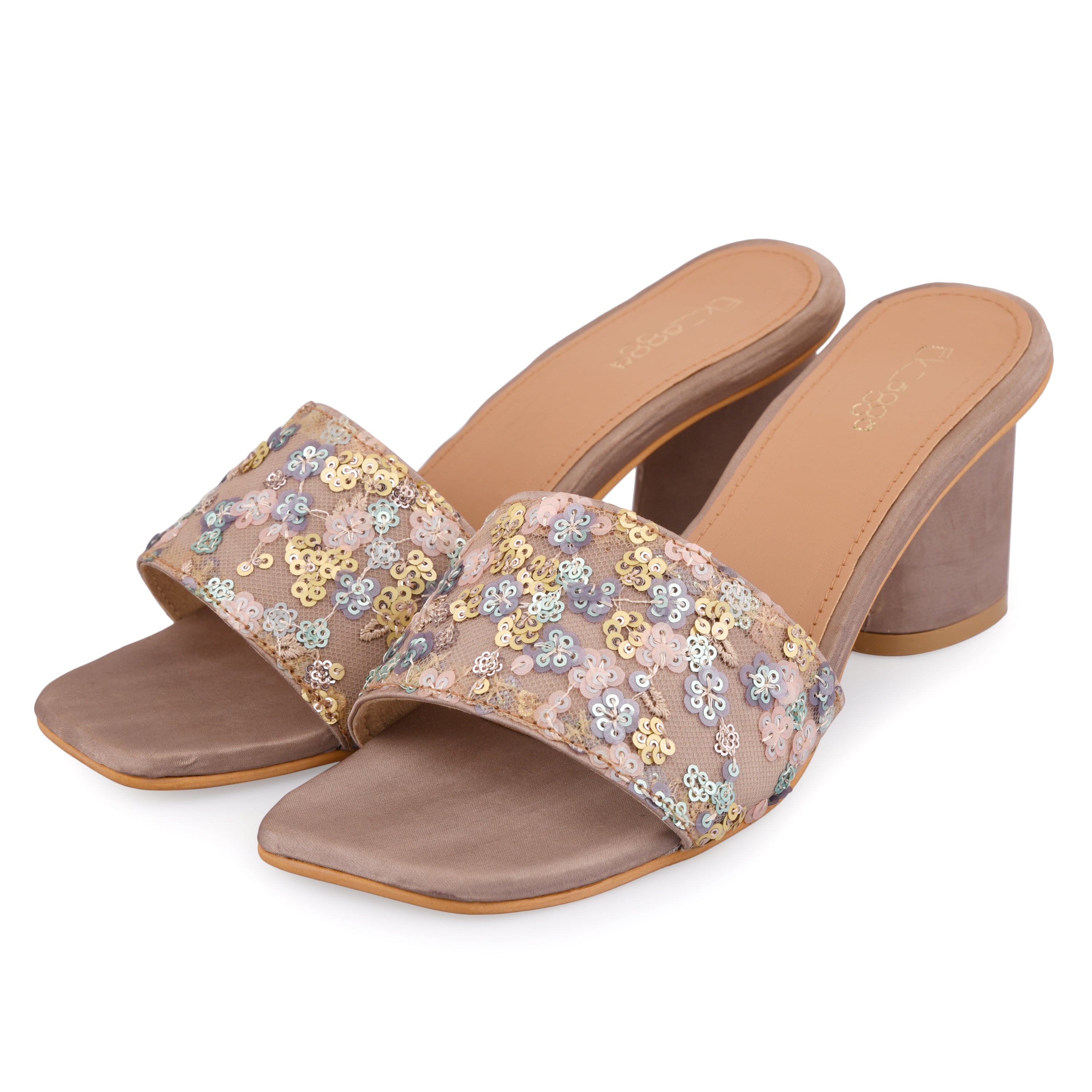 Sequins Heels by EK_agga with Beige, Block Heels, Brown, Embroidered, Evening Wear, Heels, Not Priced, Open Toes, Patent leather, Regular Fit, Vegan at Kamakhyaa for sustainable fashion