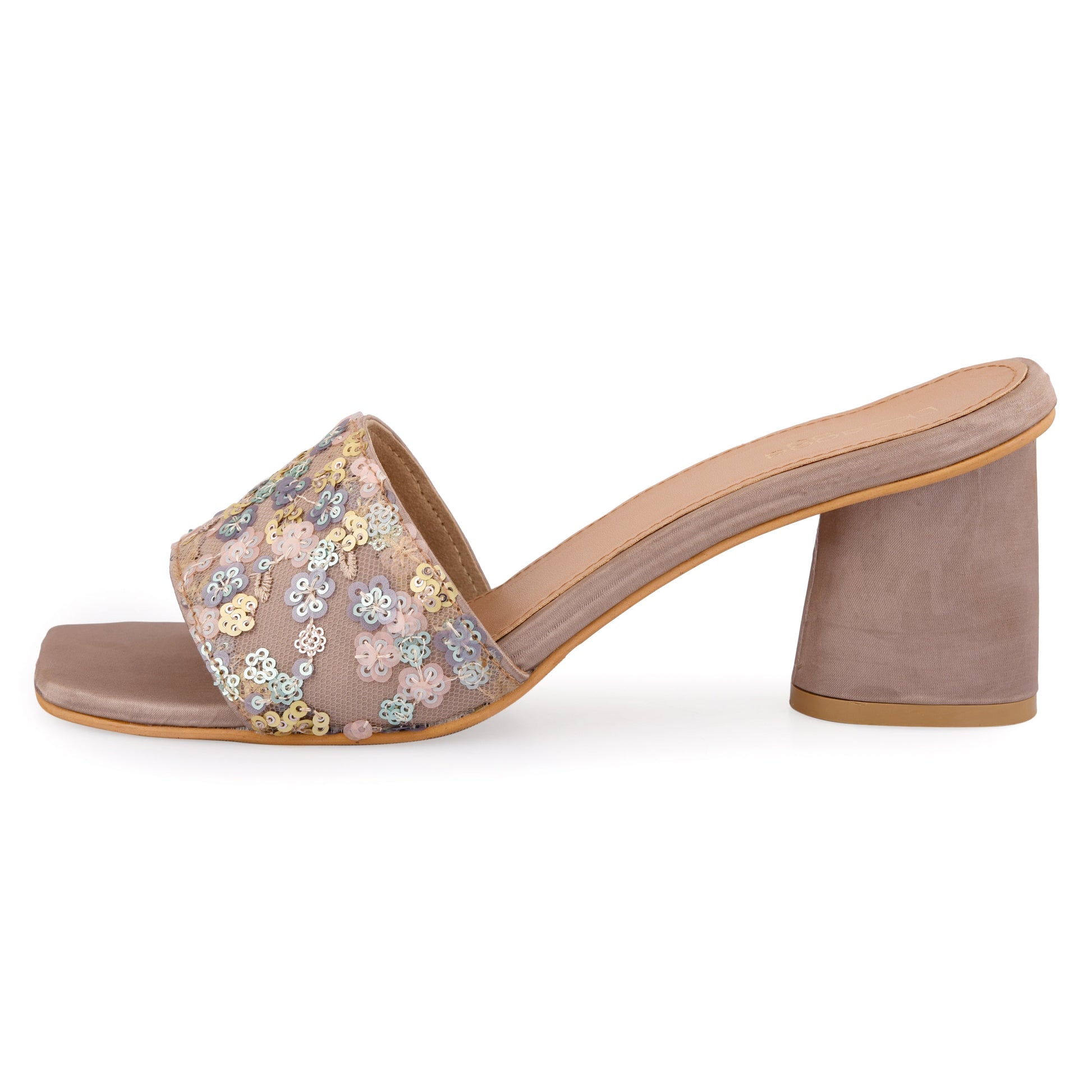 Sequins Heels by EK_agga with Beige, Block Heels, Brown, Embroidered, Evening Wear, Heels, Not Priced, Open Toes, Patent leather, Regular Fit, Vegan at Kamakhyaa for sustainable fashion