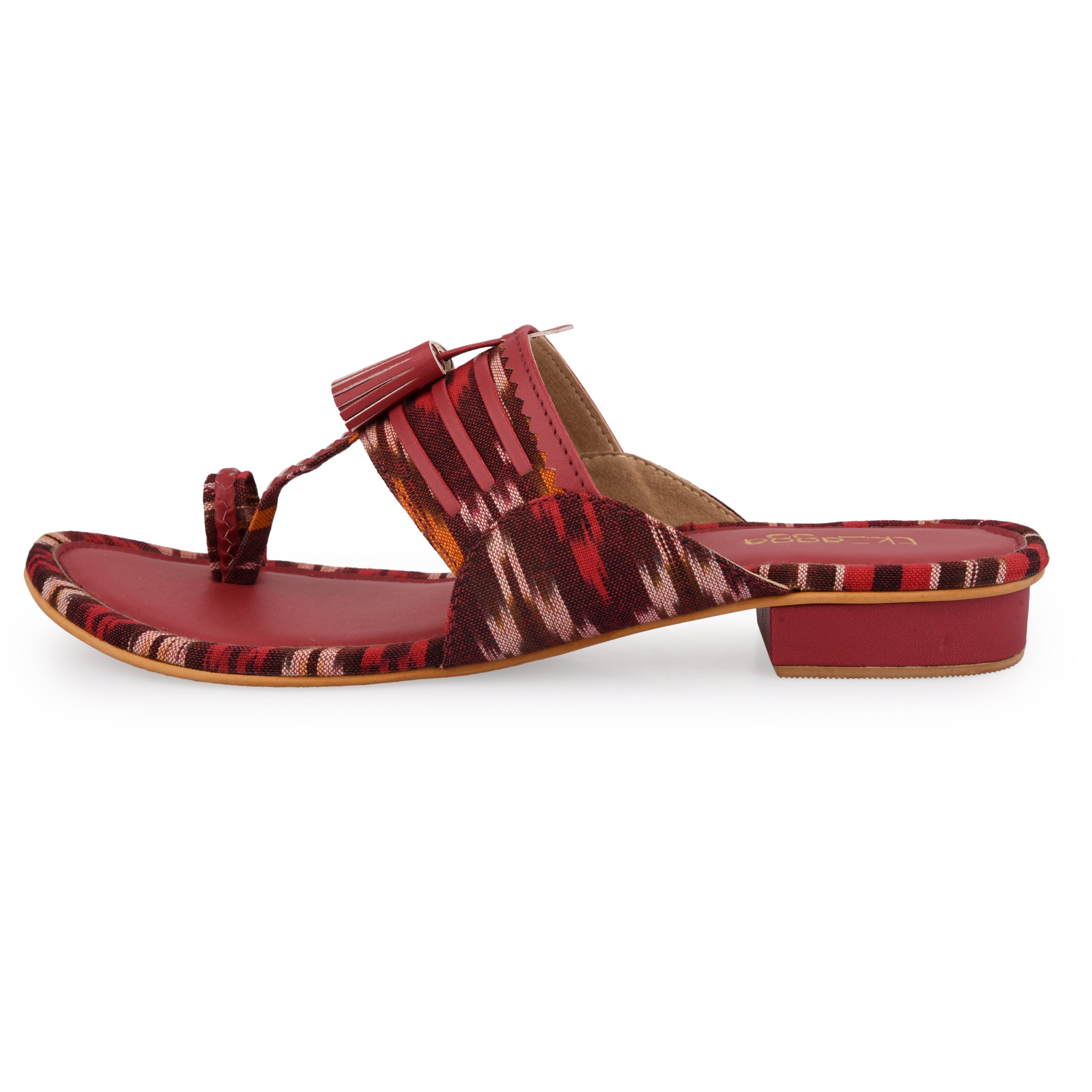 Ikat Kolhapuri by EK_agga with Casual Wear, Flats, Ikat Print, Not Priced, Open Toes, Patent leather, Pink, Red, Regular Fit, Textured, Toe Loop, Vegan at Kamakhyaa for sustainable fashion
