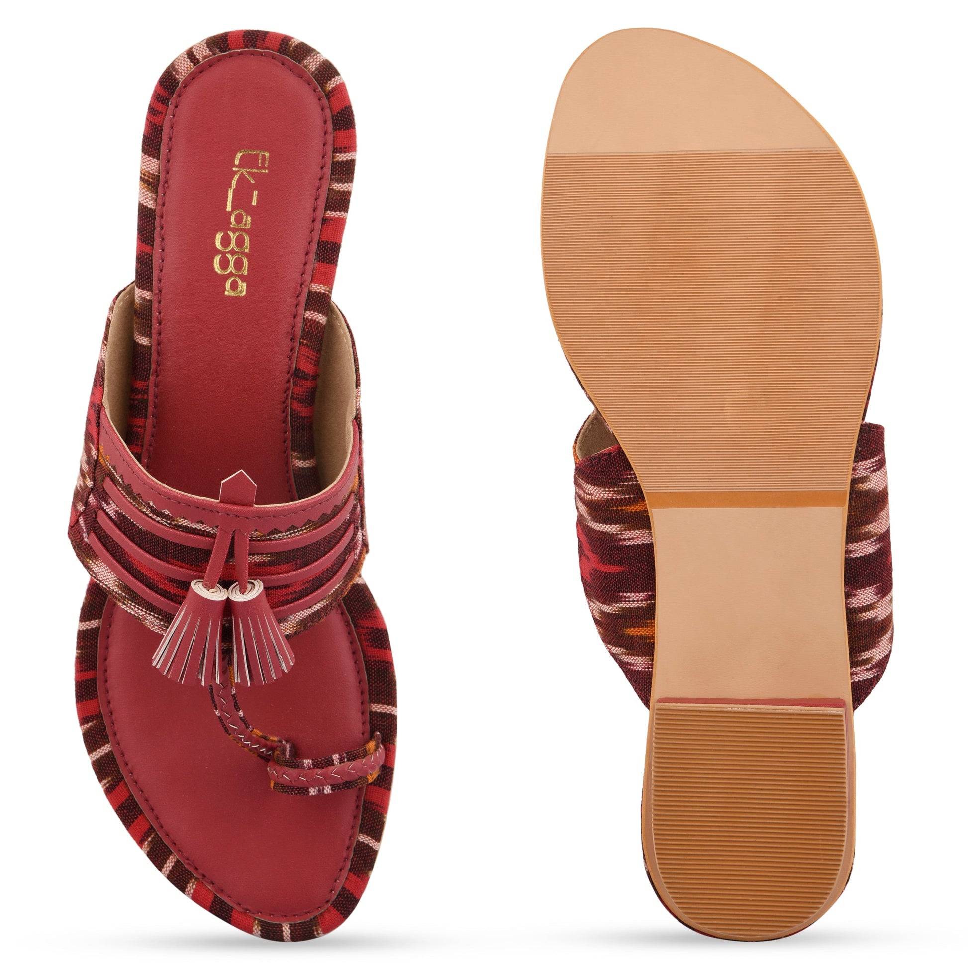 Ikat Kolhapuri by EK_agga with Casual Wear, Flats, Ikat Print, Not Priced, Open Toes, Patent leather, Pink, Red, Regular Fit, Textured, Toe Loop, Vegan at Kamakhyaa for sustainable fashion