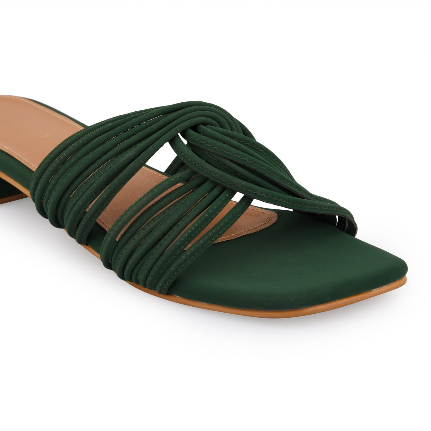 Interlock Flat by EK_agga with Evening Wear, Flats, Green, Not Priced, Open Toes, Patent leather, Regular Fit, Textured, Vegan at Kamakhyaa for sustainable fashion