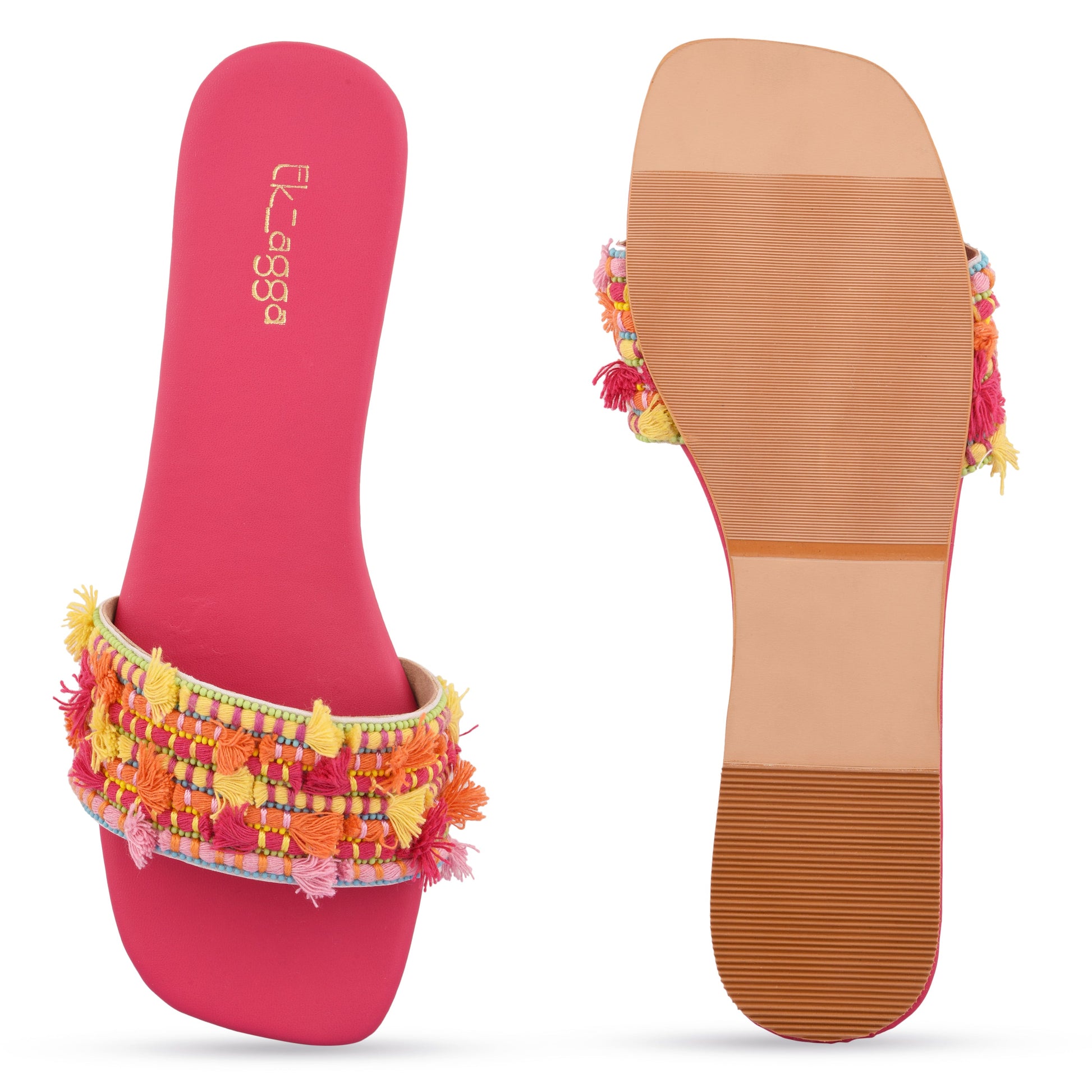 Beaded Flat by EK_agga with Embroidered, Flats, For Daughter, Not Priced, Open Toes, Patent leather, Pink, Regular Fit, Resort Wear, swarnali, Vegan at Kamakhyaa for sustainable fashion