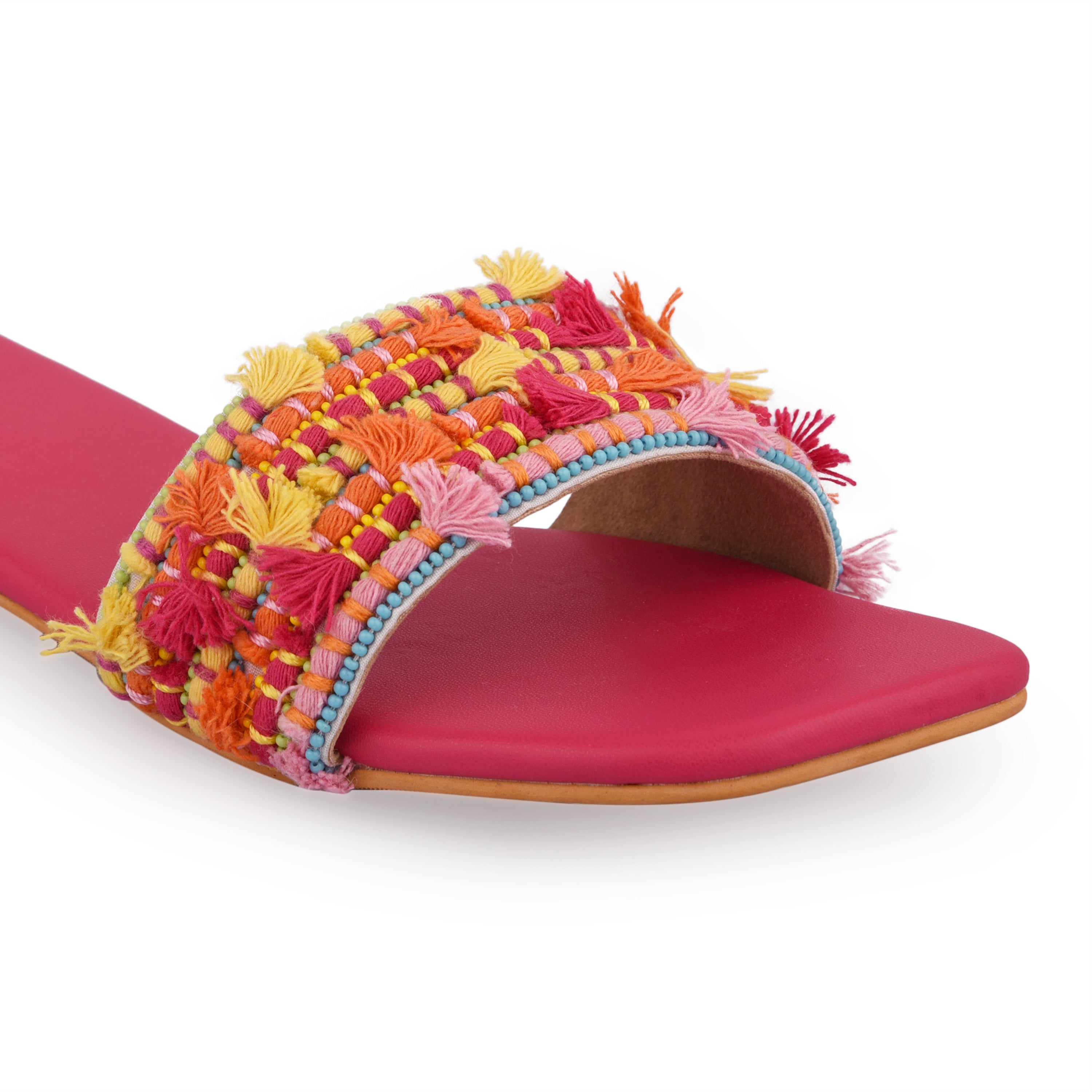 Beaded Flat by EK_agga with Embroidered, Flats, For Daughter, Not Priced, Open Toes, Patent leather, Pink, Regular Fit, Resort Wear, swarnali, Vegan at Kamakhyaa for sustainable fashion