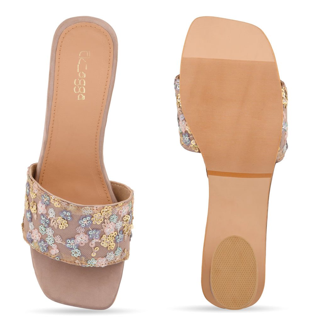 Sequins Heels by EK_agga with Beige, Block Heels, Brown, Embroidered, Evening Wear, Heels, Not Priced, Open Toes, Patent leather, Regular Fit, Vegan at Kamakhyaa for sustainable fashion