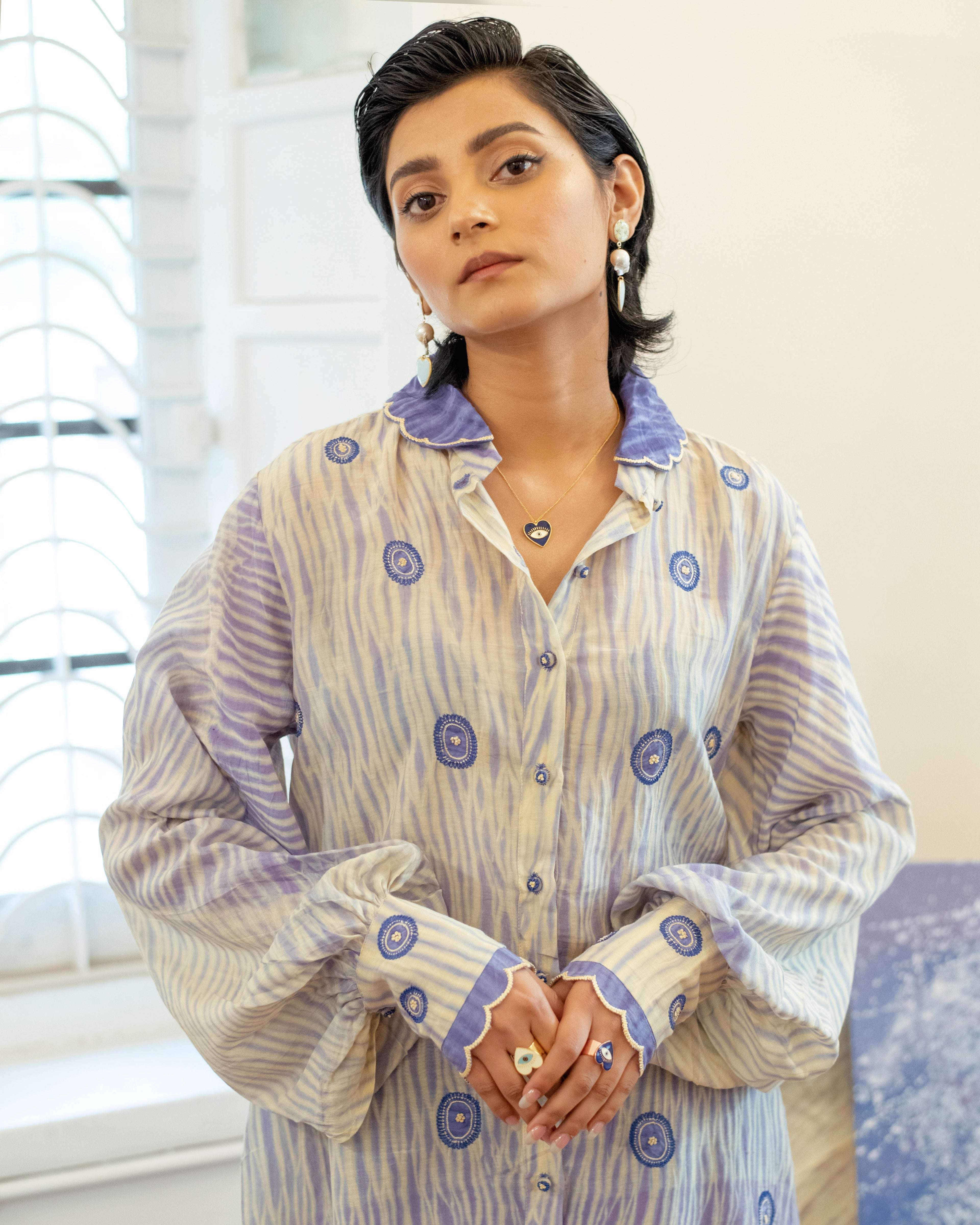Ice Blink Shirt by The Loom Art with Casual Wear, Embroidered, Handwoven Cotton Silk, July Sale, July Sale 2023, Lucid Dreams by The Loom Art, Luicid Dream, Organic, Purple, Relaxed Fit, Shirts, Womenswear at Kamakhyaa for sustainable fashion