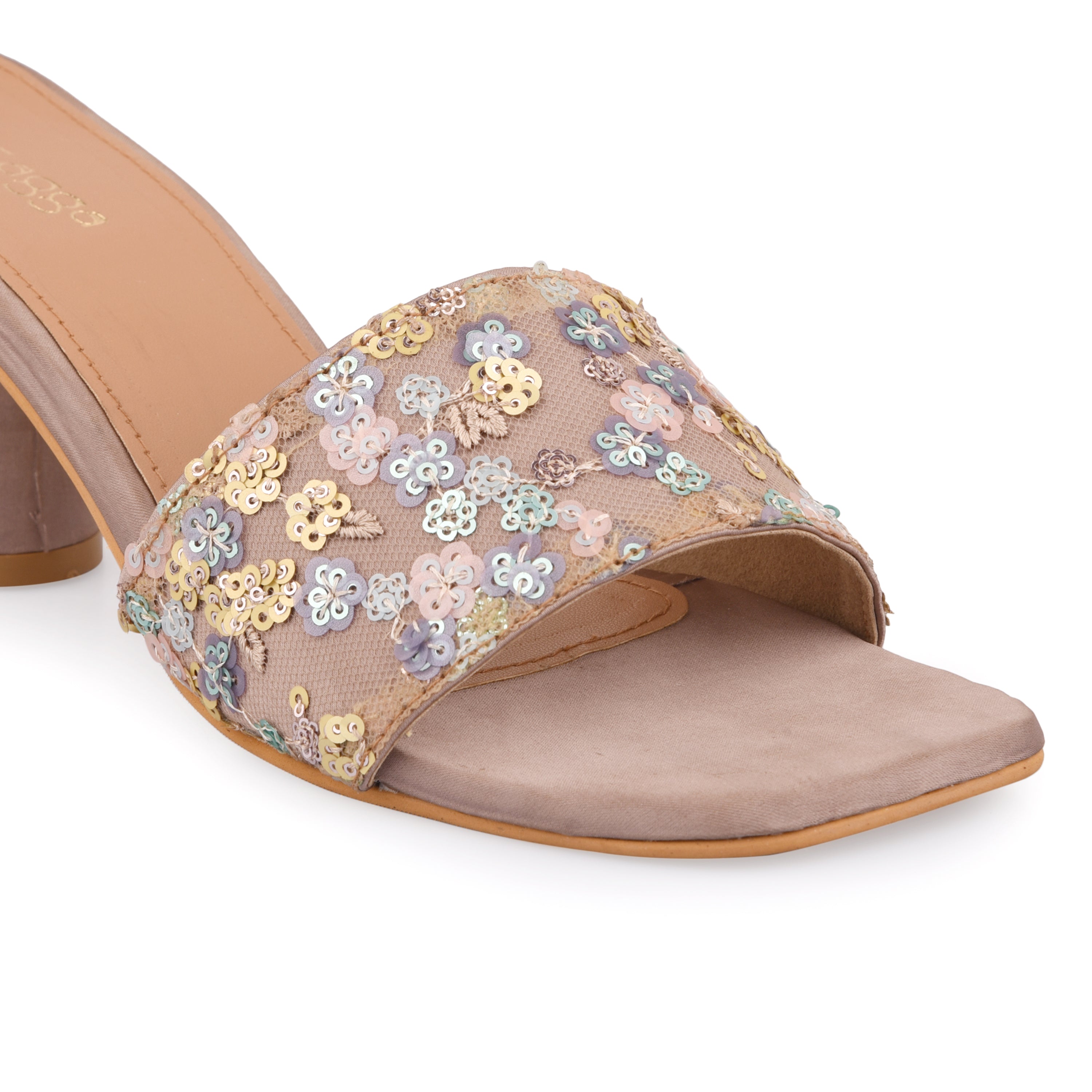 Sequins Heels by EK_agga with Beige, Block Heels, Brown, Embroidered, Evening Wear, Heels, Not Priced, Open Toes, Patent leather, Regular Fit, Vegan at Kamakhyaa for sustainable fashion