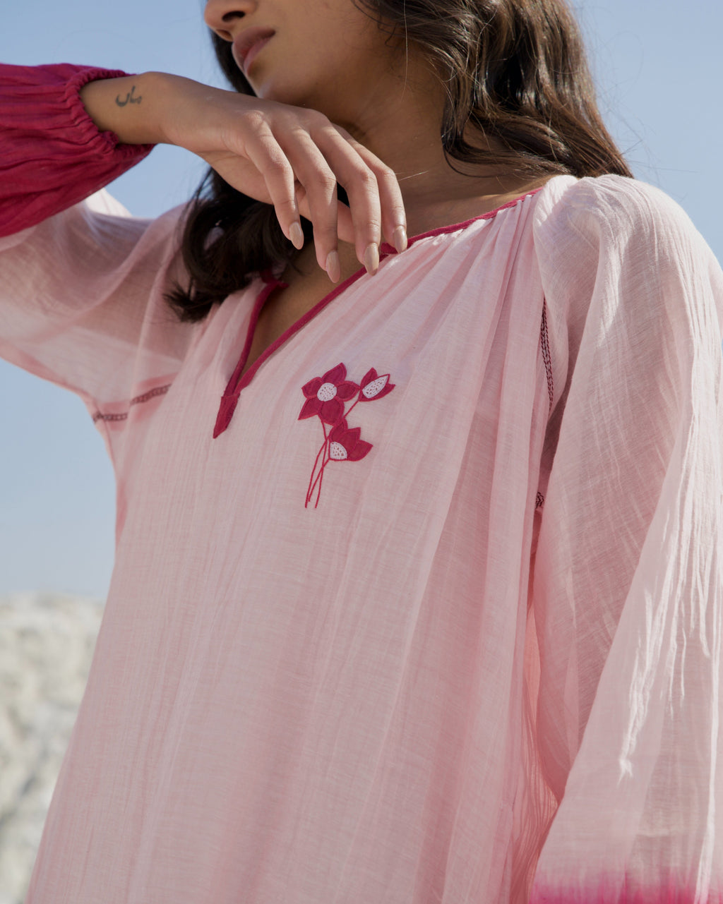 Pink Casual Midi Dress by The Loom Art with Aurora by The Loom Art, Casual Wear, Chanderi Silk, July Sale, July Sale 2023, Midi Dresses, Ombre & Dyes, Organic, Pink, Relaxed Fit, Tiered Dresses, Womenswear at Kamakhyaa for sustainable fashion