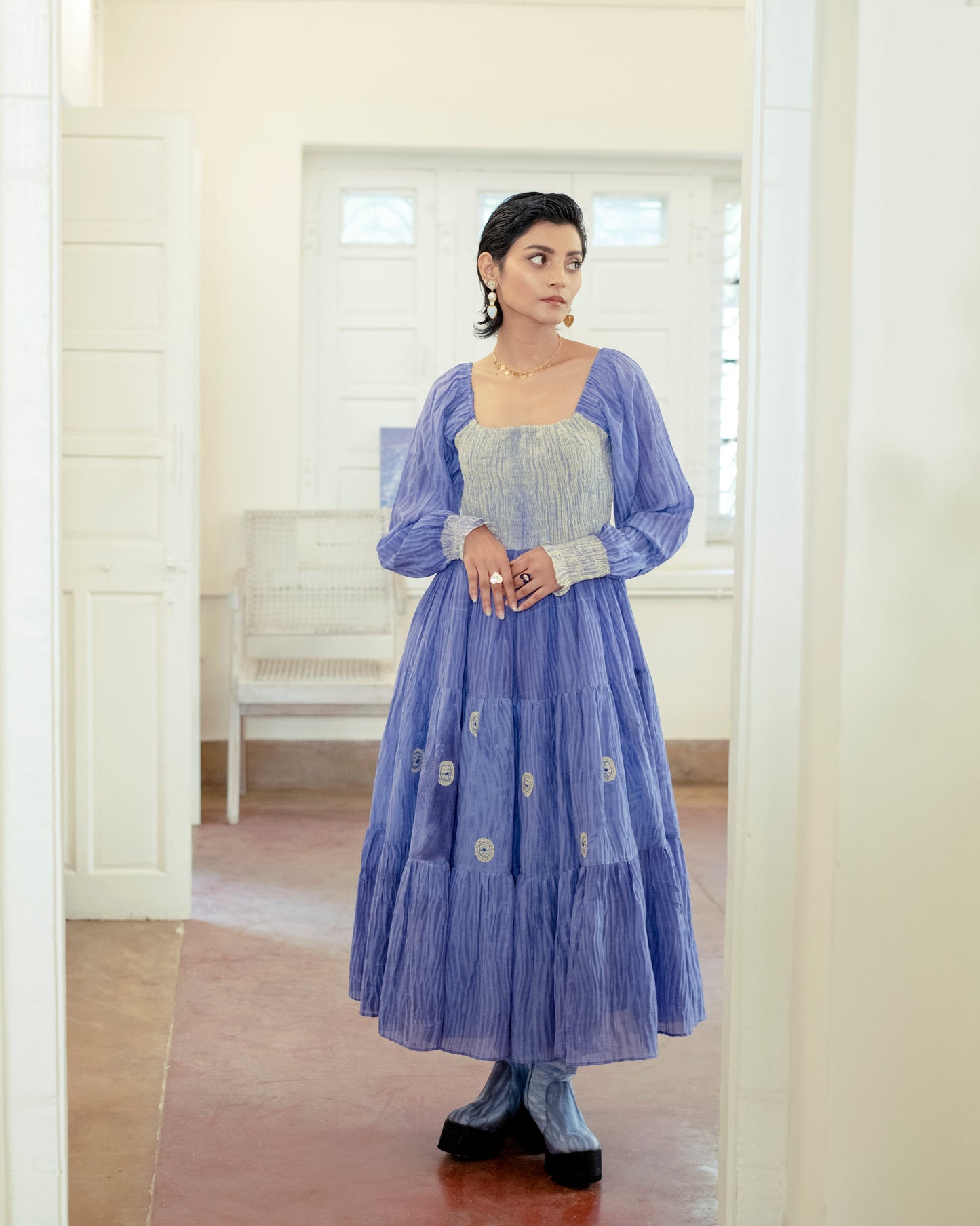 Serene Dream by The Loom Art with Casual Wear, Embroidered, Handwoven Cotton Silk, July Sale, July Sale 2023, Lucid Dreams by The Loom Art, Luicid Dream, Organic, Purple, Tiered Dresses, Womenswear at Kamakhyaa for sustainable fashion