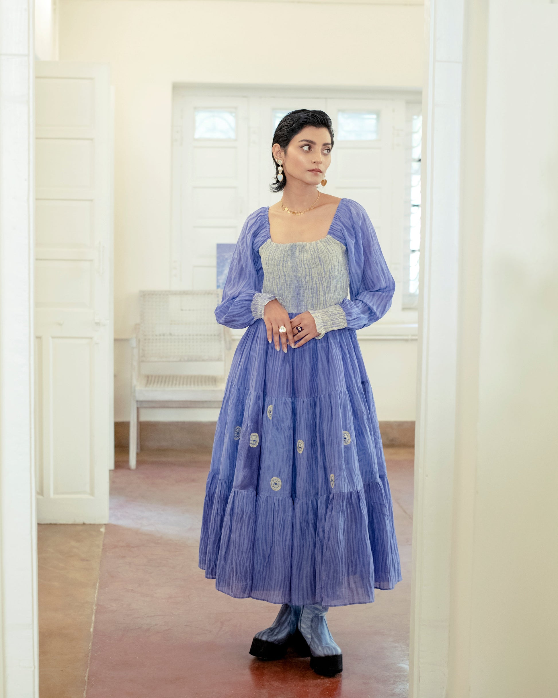 Serene Dream by The Loom Art with Casual Wear, Embroidered, Handwoven Cotton Silk, July Sale, July Sale 2023, Lucid Dreams by The Loom Art, Luicid Dream, Organic, Purple, Tiered Dresses, Womenswear at Kamakhyaa for sustainable fashion