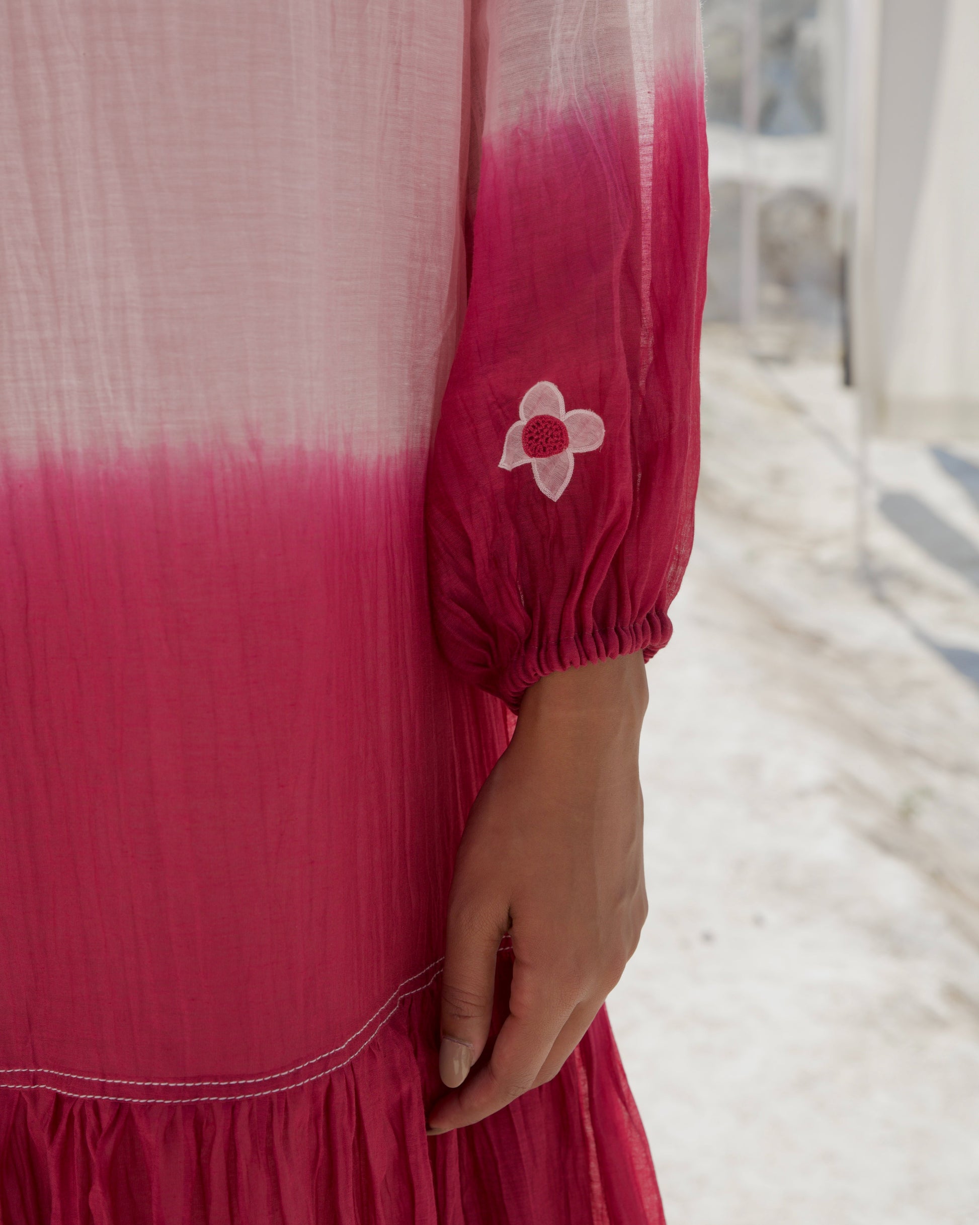 Pink Casual Midi Dress by The Loom Art with Aurora by The Loom Art, Casual Wear, Chanderi Silk, July Sale, July Sale 2023, Midi Dresses, Ombre & Dyes, Organic, Pink, Relaxed Fit, Tiered Dresses, Womenswear at Kamakhyaa for sustainable fashion