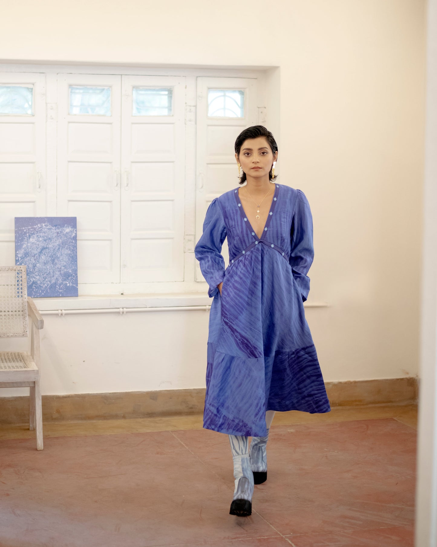 Bery Blue by The Loom Art with Blue, Casual Wear, Handwoven Chanderi Silk, July Sale, July Sale 2023, Kurtas, Lucid Dreams by The Loom Art, Luicid Dream, Organic, Relaxed Fit, Solids, Tiered Dresses, Womenswear at Kamakhyaa for sustainable fashion