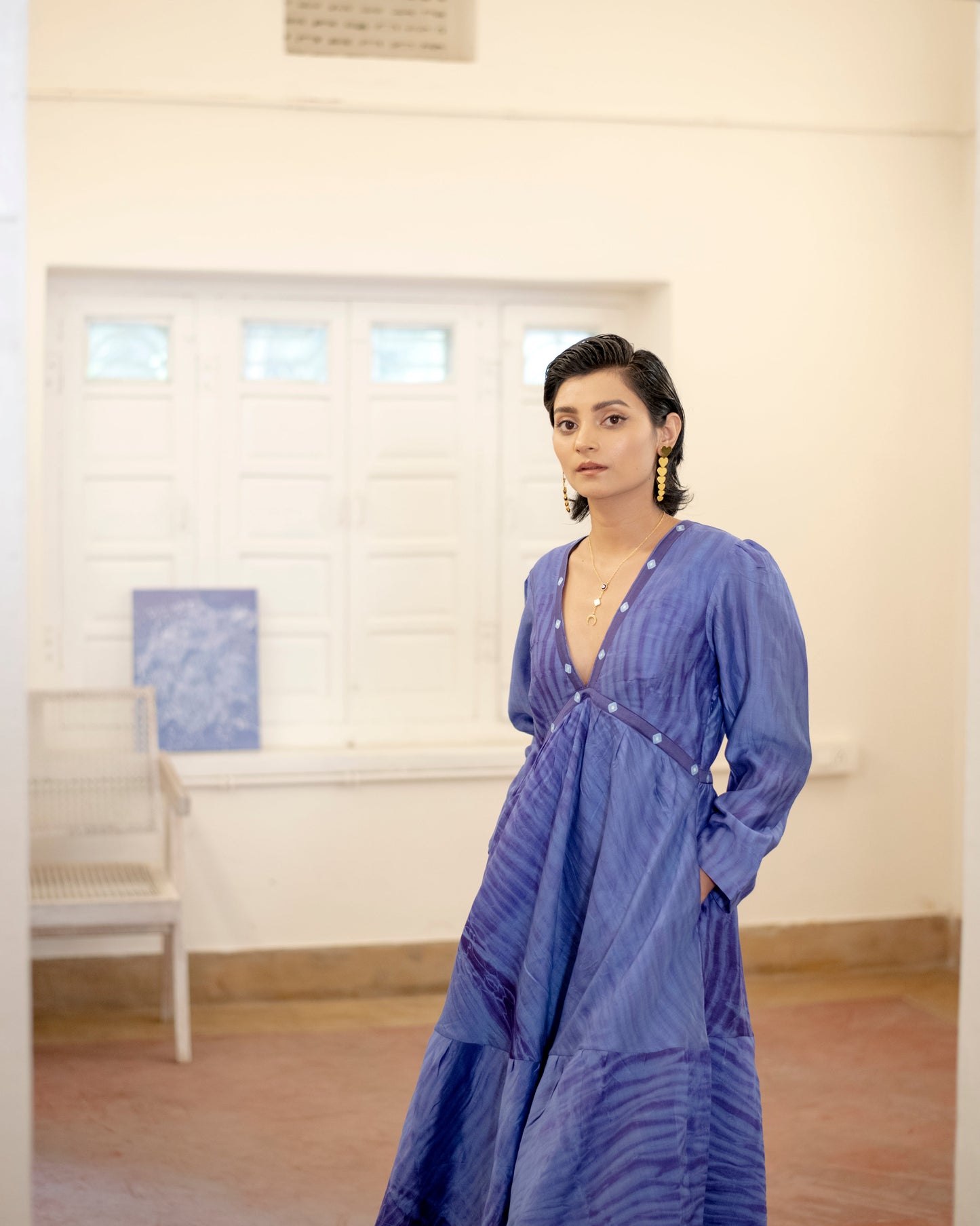 Bery Blue by The Loom Art with Blue, Casual Wear, Handwoven Chanderi Silk, July Sale, July Sale 2023, Kurtas, Lucid Dreams by The Loom Art, Luicid Dream, Organic, Relaxed Fit, Solids, Tiered Dresses, Womenswear at Kamakhyaa for sustainable fashion