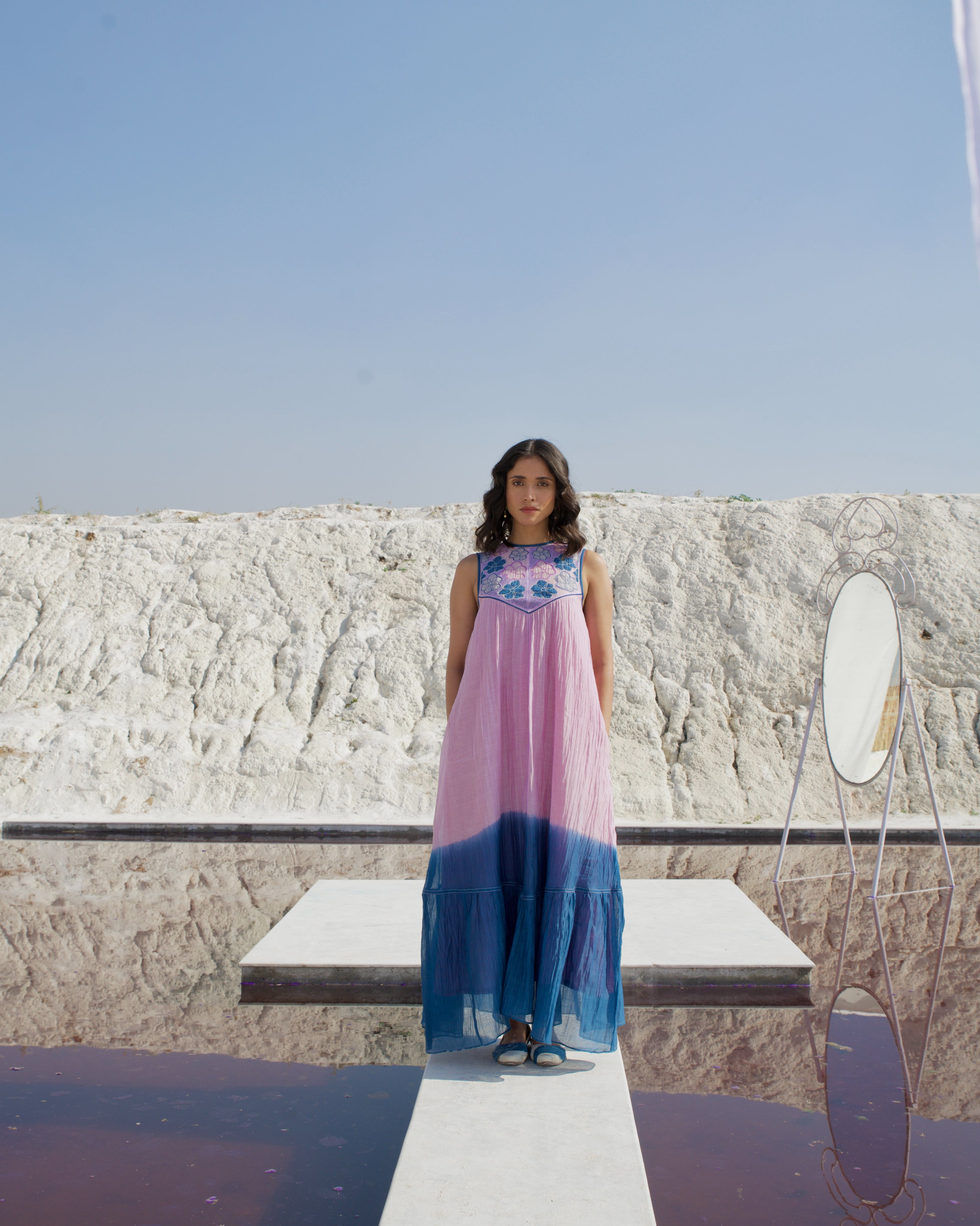 Pink Silk Midi Dress by The Loom Art with Aurora by The Loom Art, Casual Wear, Chanderi Silk, July Sale, July Sale 2023, Loose Fit, Midi Dresses, Ombre & Dyes, Organic, Pink, Sleeveless Dresses, Womenswear at Kamakhyaa for sustainable fashion