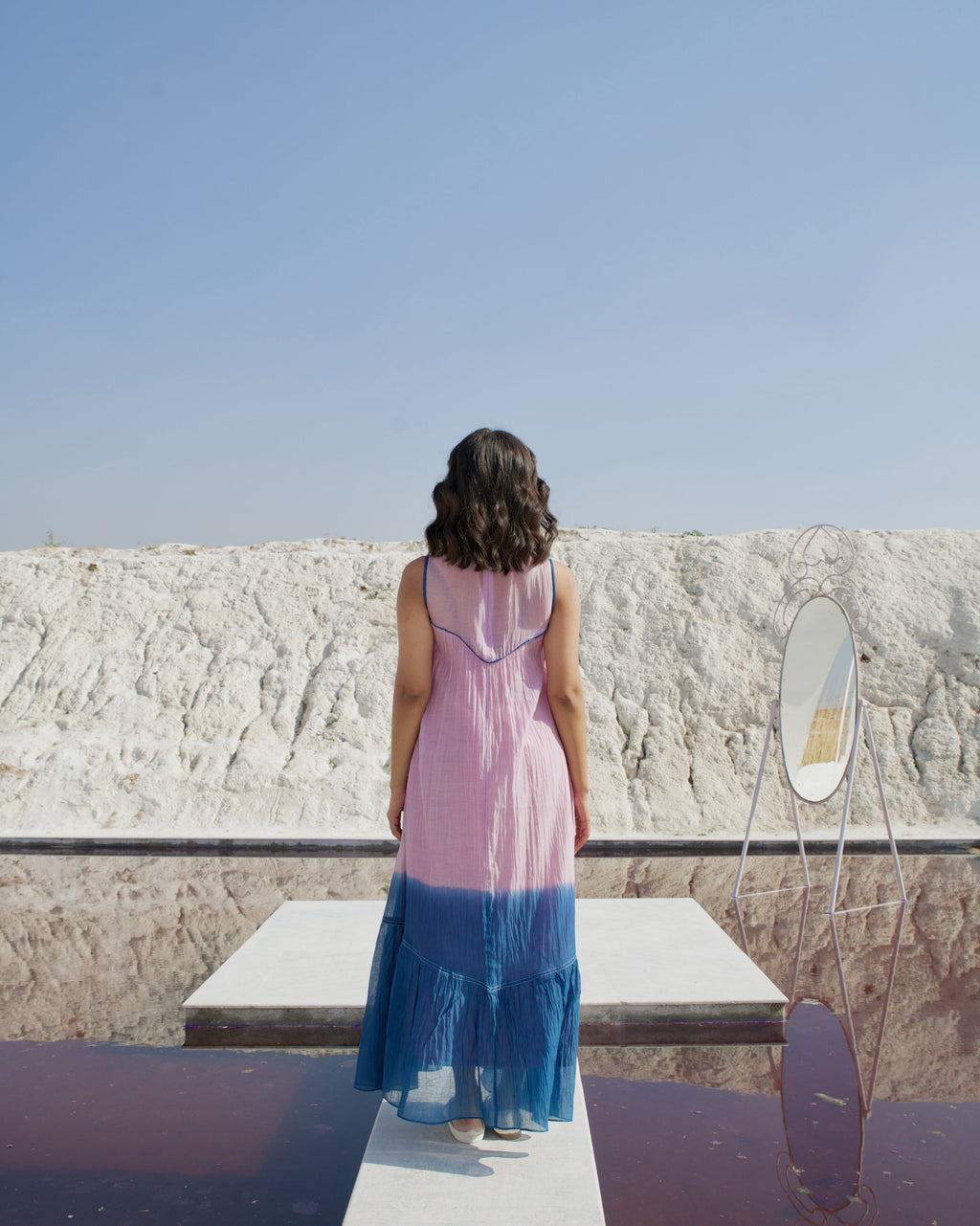 Pink Silk Midi Dress by The Loom Art with Aurora by The Loom Art, Casual Wear, Chanderi Silk, July Sale, July Sale 2023, Loose Fit, Midi Dresses, Ombre & Dyes, Organic, Pink, Sleeveless Dresses, Womenswear at Kamakhyaa for sustainable fashion