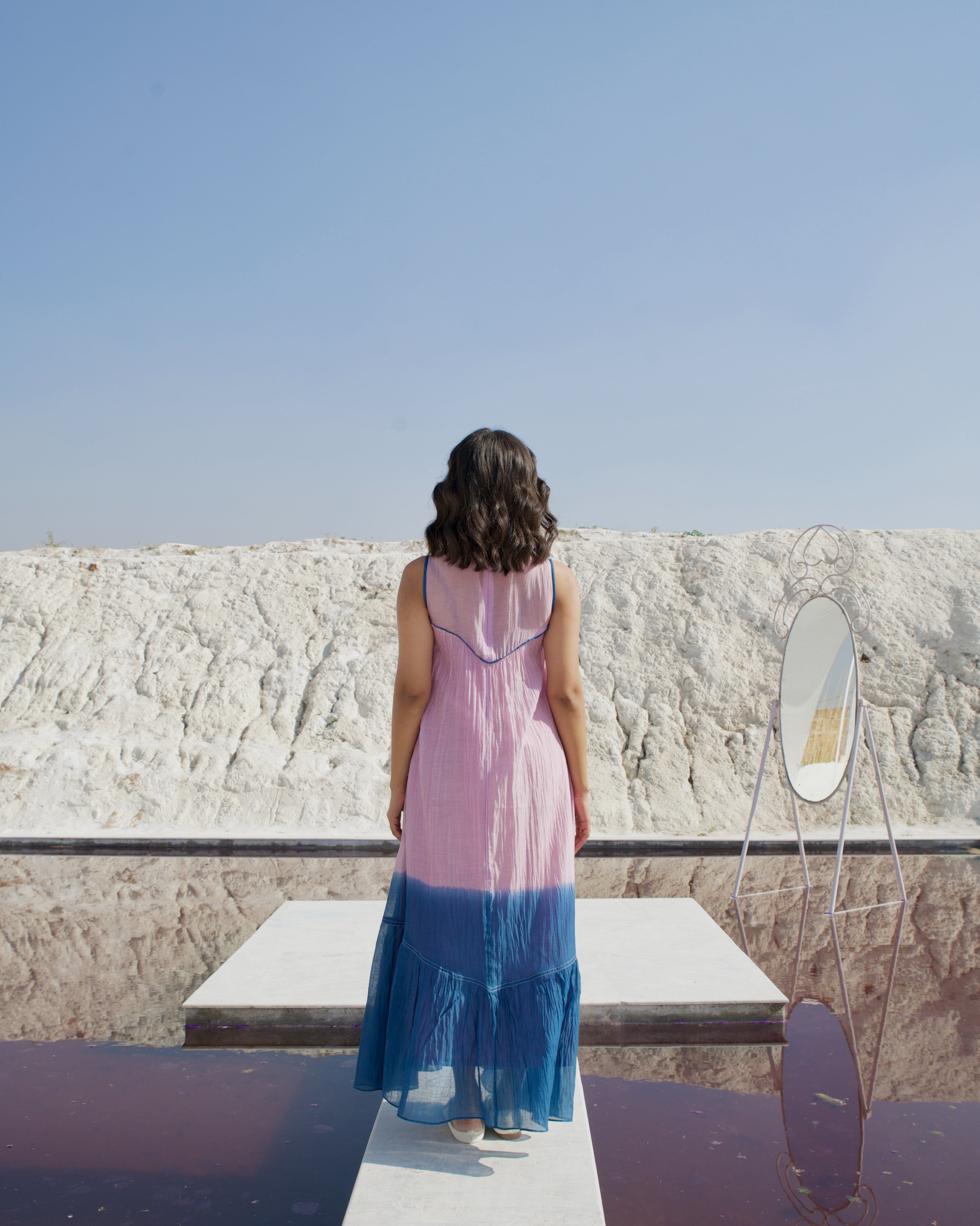 Pink Silk Midi Dress by The Loom Art with Aurora by The Loom Art, Casual Wear, Chanderi Silk, July Sale, July Sale 2023, Loose Fit, Midi Dresses, Ombre & Dyes, Organic, Pink, Sleeveless Dresses, Womenswear at Kamakhyaa for sustainable fashion