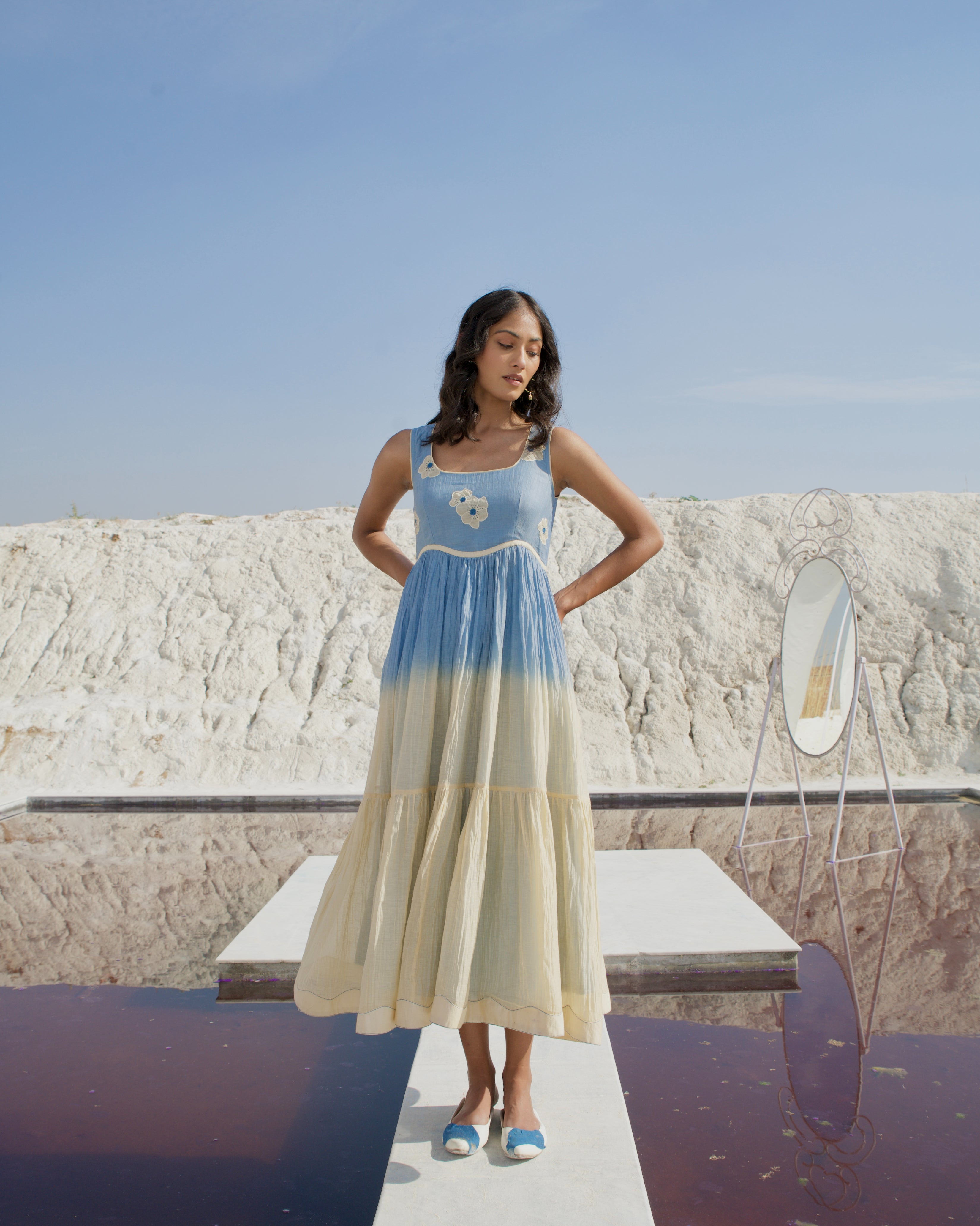 Blue Silk Midi Dress by The Loom Art with Aurora by The Loom Art, Best Selling, Blue, Casual Wear, Chanderi Silk, FB ADS JUNE, July Sale, July Sale 2023, Midi Dresses, Office, Office Wear, Ombre & Dyes, Organic, Regular Fit, Sleeveless Dresses, Womenswear at Kamakhyaa for sustainable fashion