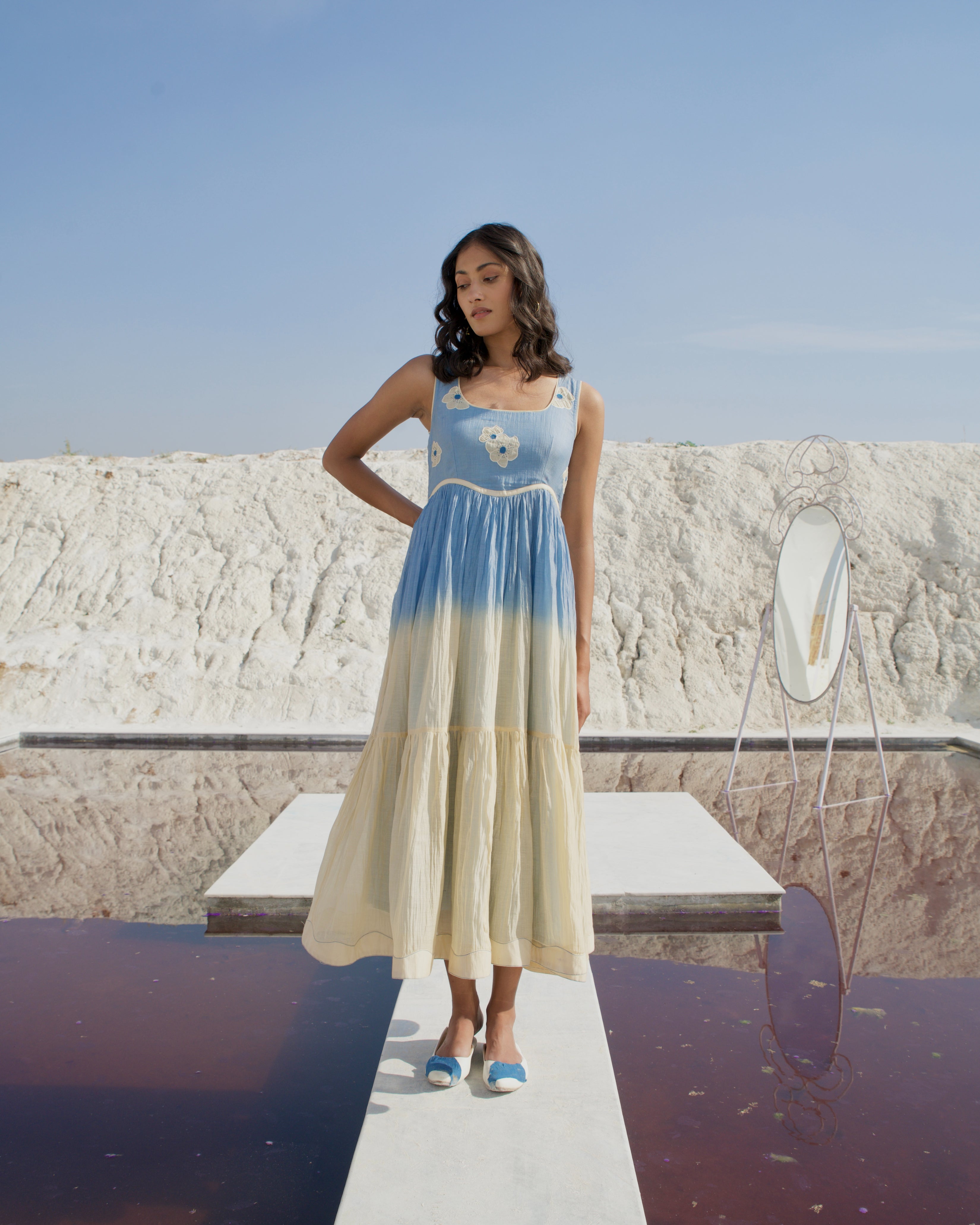 Blue Silk Midi Dress by The Loom Art with Aurora by The Loom Art, Best Selling, Blue, Casual Wear, Chanderi Silk, FB ADS JUNE, July Sale, July Sale 2023, Midi Dresses, Office, Office Wear, Ombre & Dyes, Organic, Regular Fit, Sleeveless Dresses, Womenswear at Kamakhyaa for sustainable fashion