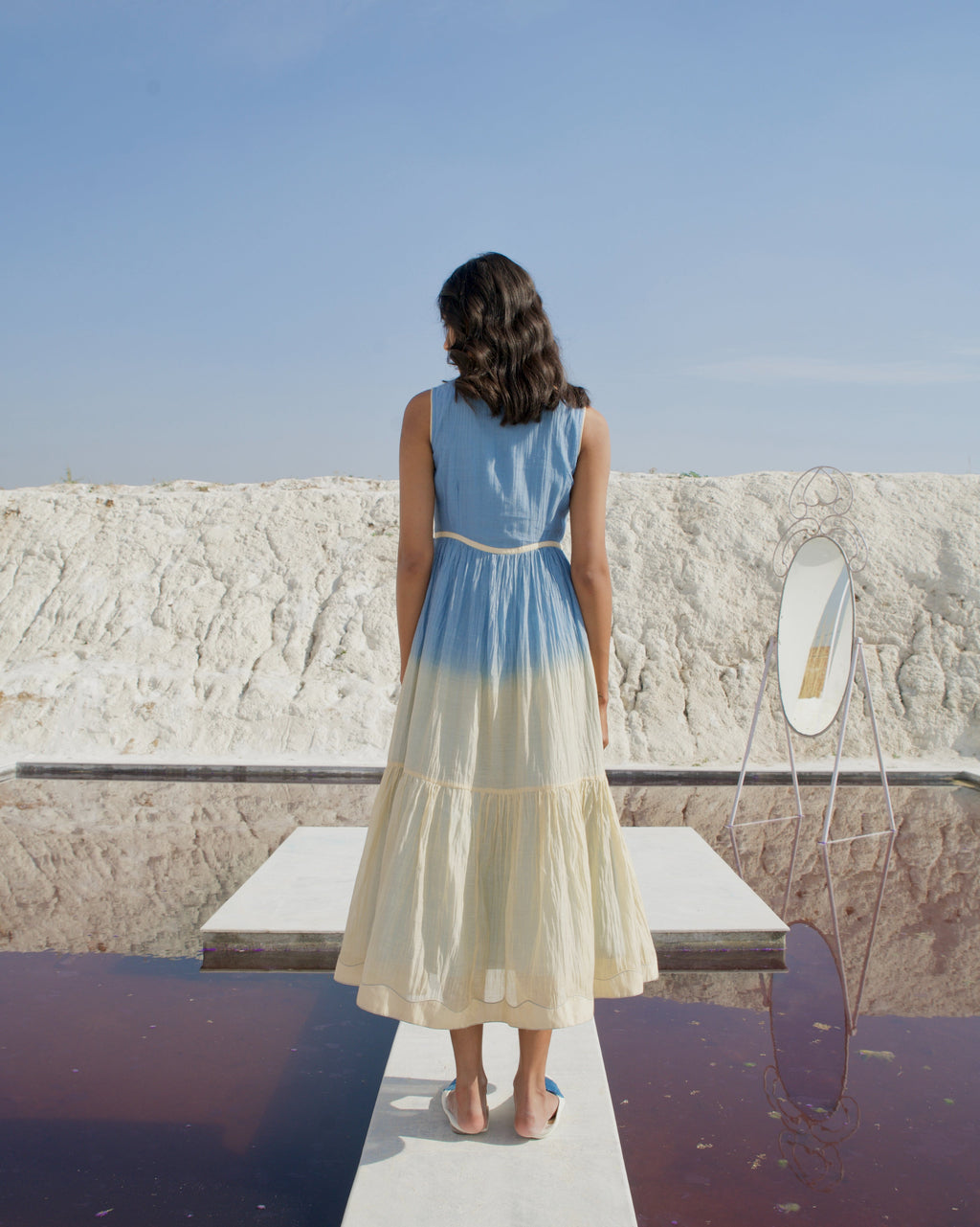 Blue Silk Midi Dress by The Loom Art with Aurora by The Loom Art, Best Selling, Blue, Casual Wear, Chanderi Silk, FB ADS JUNE, July Sale, July Sale 2023, Midi Dresses, Office, Office Wear, Ombre & Dyes, Organic, Regular Fit, Sleeveless Dresses, Womenswear at Kamakhyaa for sustainable fashion