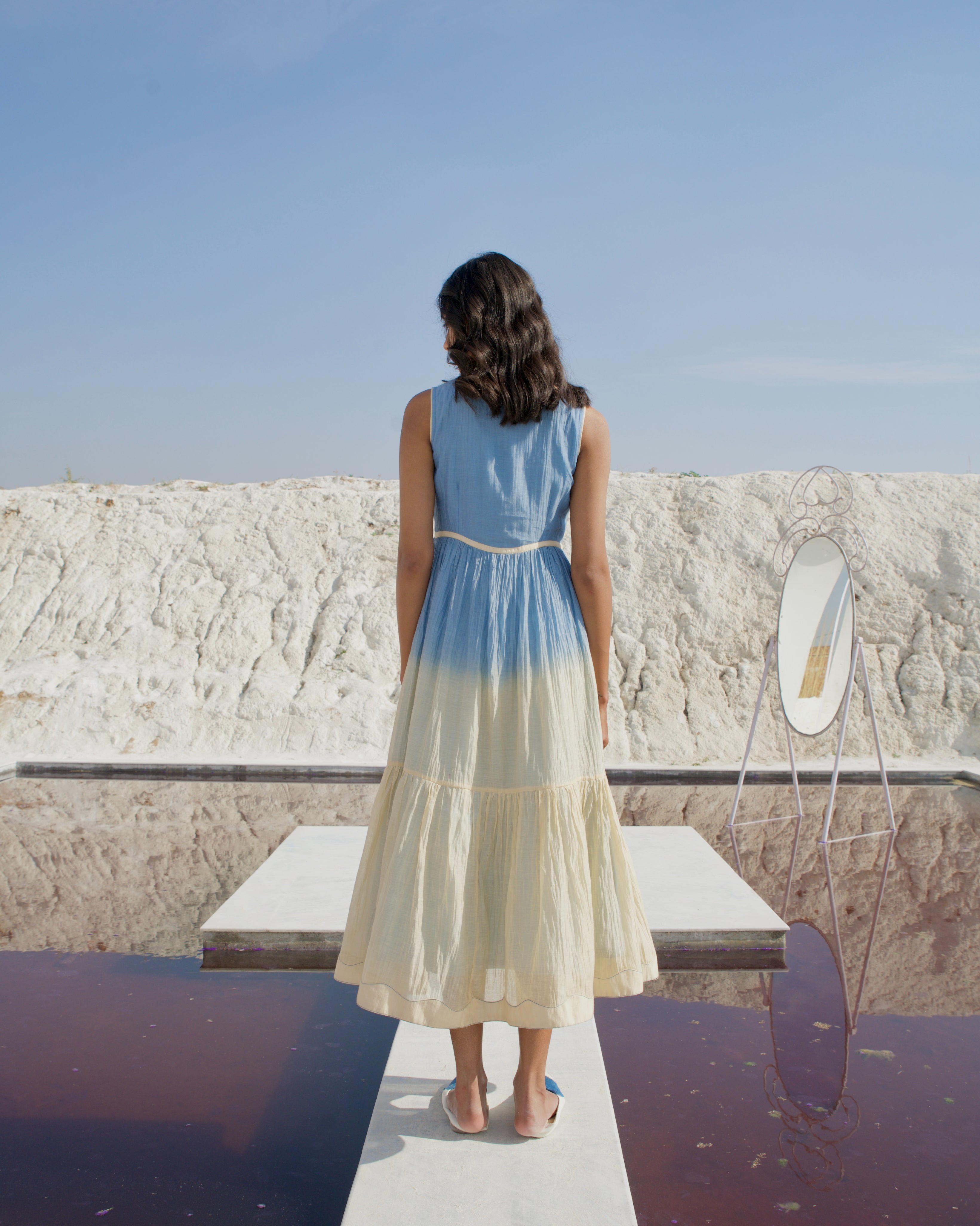 Blue Silk Midi Dress by The Loom Art with Aurora by The Loom Art, Best Selling, Blue, Casual Wear, Chanderi Silk, FB ADS JUNE, July Sale, July Sale 2023, Midi Dresses, Office, Office Wear, Ombre & Dyes, Organic, Regular Fit, Sleeveless Dresses, Womenswear at Kamakhyaa for sustainable fashion