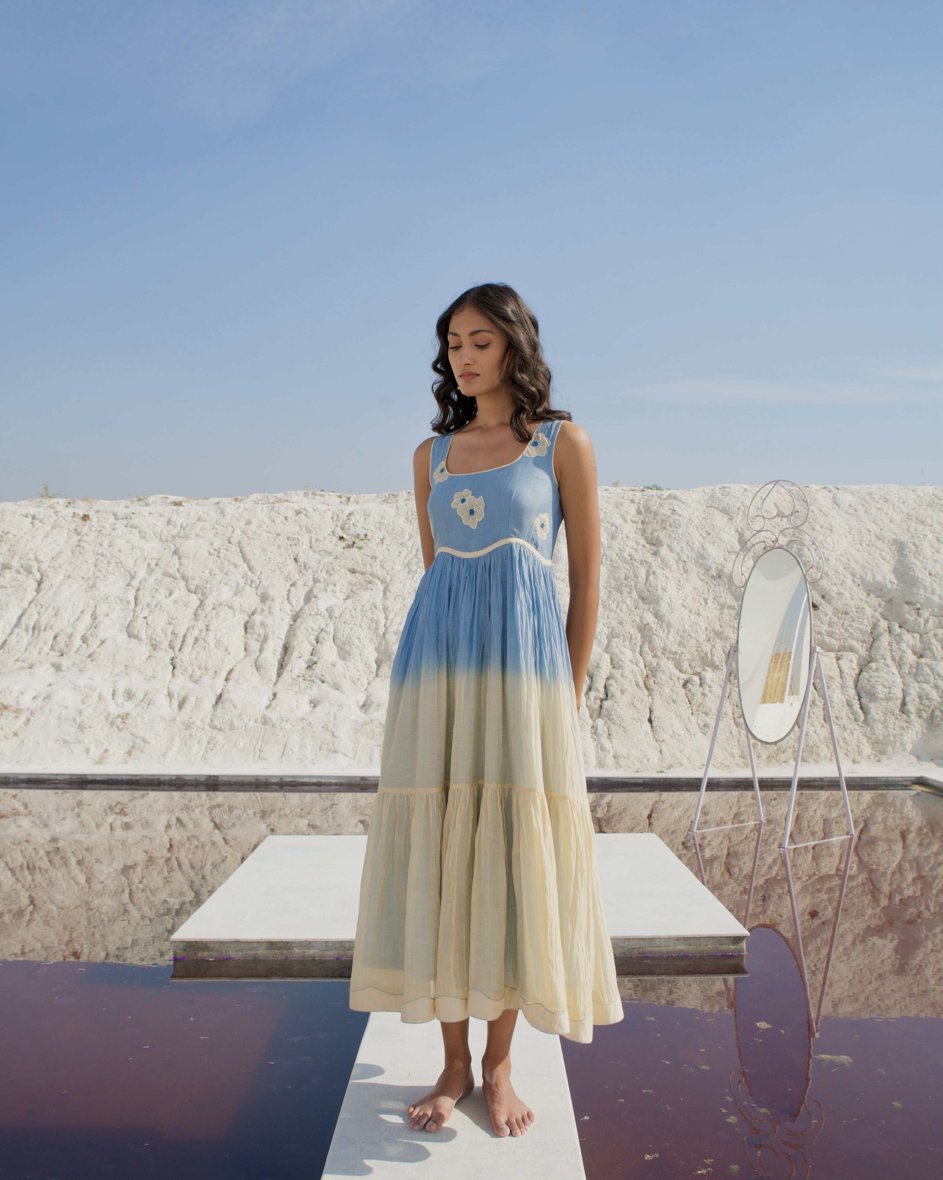 Blue Silk Midi Dress by The Loom Art with Aurora by The Loom Art, Best Selling, Blue, Casual Wear, Chanderi Silk, FB ADS JUNE, July Sale, July Sale 2023, Midi Dresses, Office, Office Wear, Ombre & Dyes, Organic, Regular Fit, Sleeveless Dresses, Womenswear at Kamakhyaa for sustainable fashion