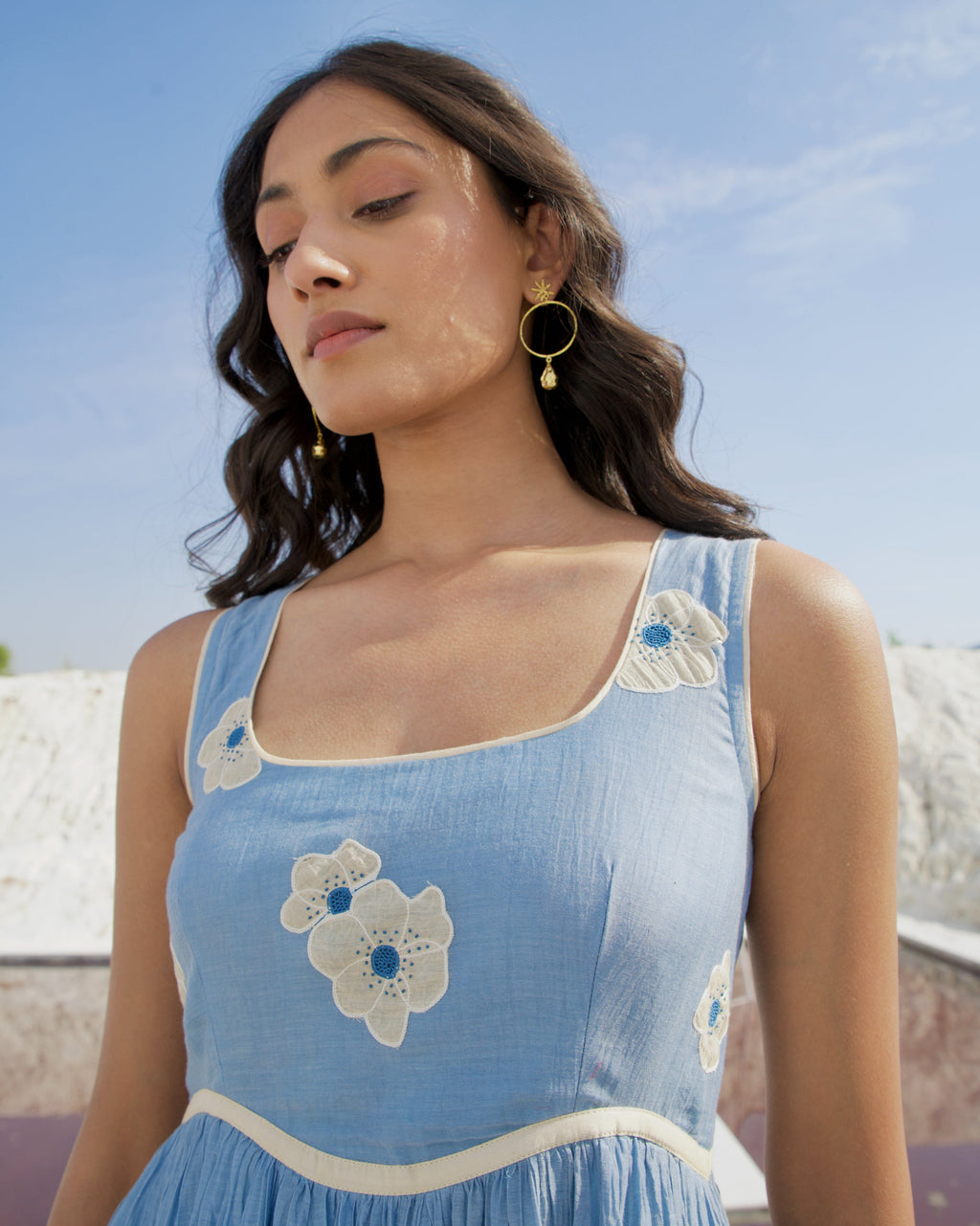 Blue Silk Midi Dress by The Loom Art with Aurora by The Loom Art, Best Selling, Blue, Casual Wear, Chanderi Silk, FB ADS JUNE, July Sale, July Sale 2023, Midi Dresses, Office, Office Wear, Ombre & Dyes, Organic, Regular Fit, Sleeveless Dresses, Womenswear at Kamakhyaa for sustainable fashion