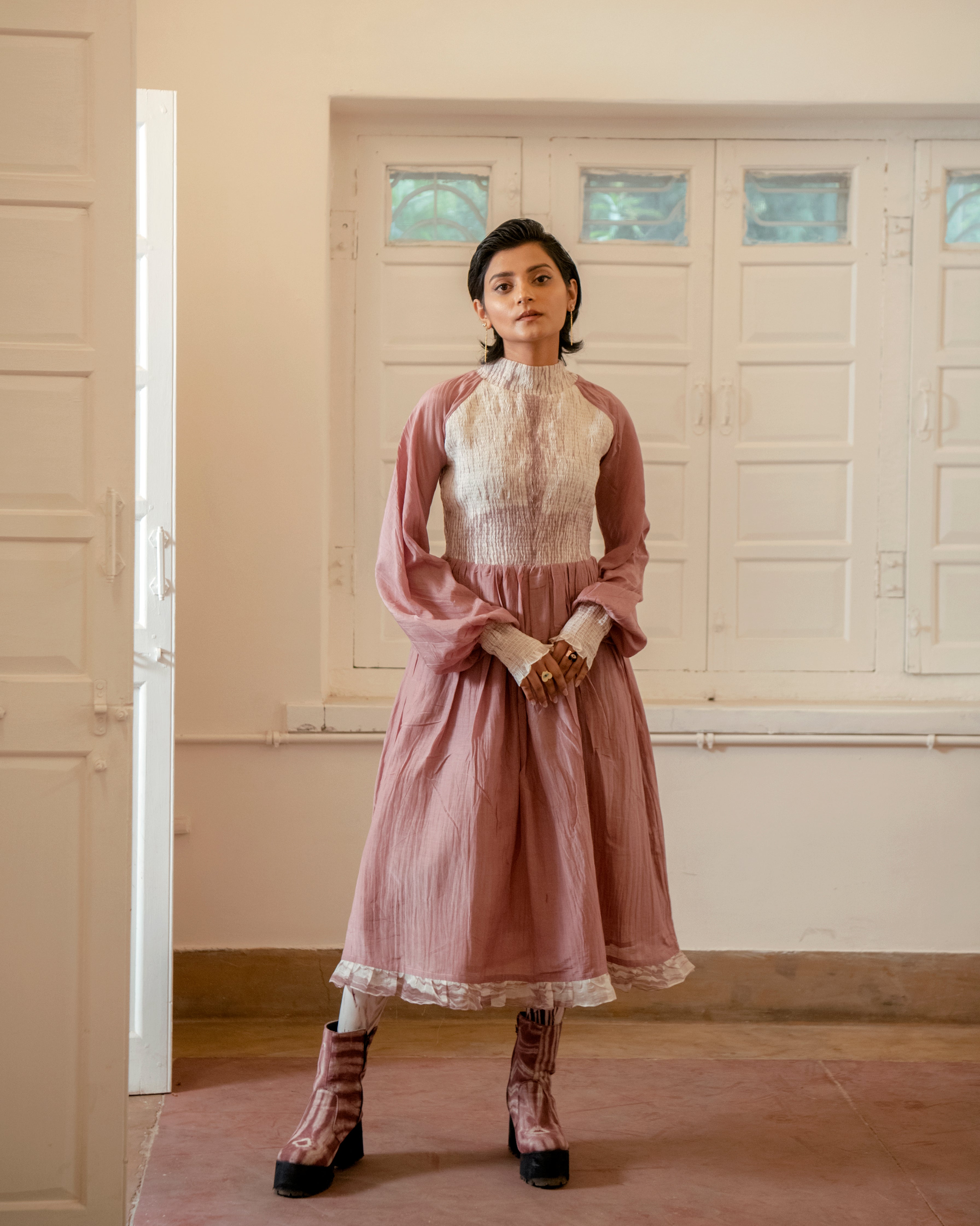 Dusty Blush by The Loom Art with Casual Wear, Chanderi Organza Silk, Fitted At Waist, July Sale, July Sale 2023, Lucid Dreams by The Loom Art, Luicid Dream, Midi Dresses, Organic, Pink, Solids, Womenswear at Kamakhyaa for sustainable fashion
