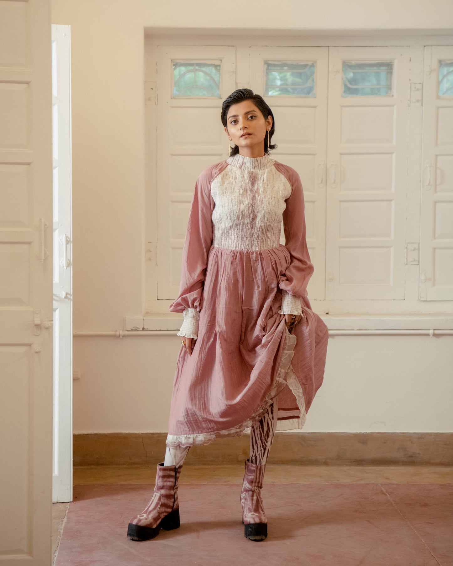 Dusty Blush by The Loom Art with Casual Wear, Chanderi Organza Silk, Fitted At Waist, July Sale, July Sale 2023, Lucid Dreams by The Loom Art, Luicid Dream, Midi Dresses, Organic, Pink, Solids, Womenswear at Kamakhyaa for sustainable fashion