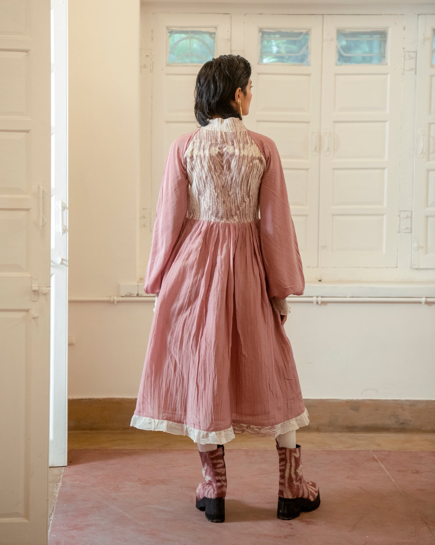 Dusty Blush by The Loom Art with Casual Wear, Chanderi Organza Silk, Fitted At Waist, July Sale, July Sale 2023, Lucid Dreams by The Loom Art, Luicid Dream, Midi Dresses, Organic, Pink, Solids, Womenswear at Kamakhyaa for sustainable fashion