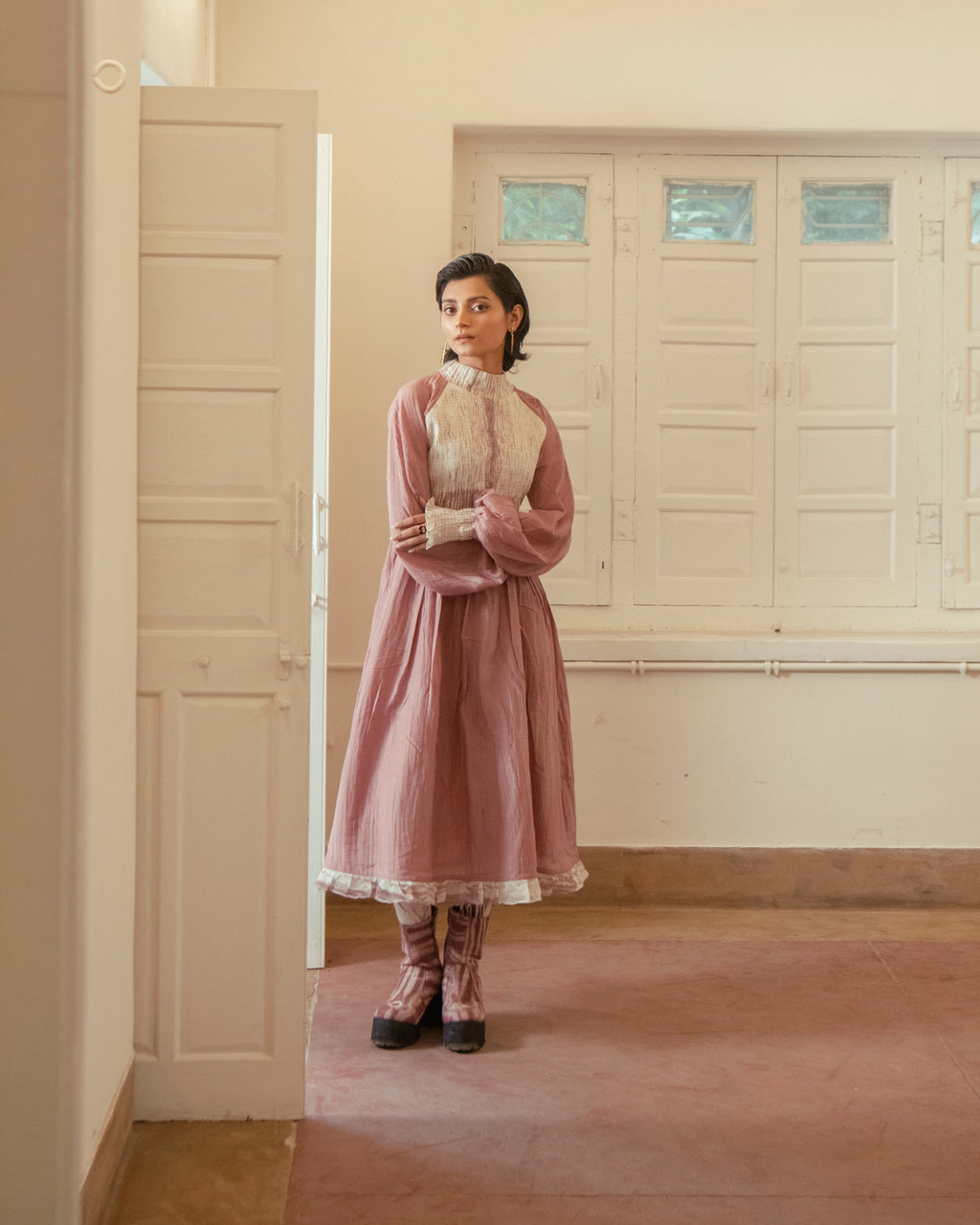 Dusty Blush by The Loom Art with Casual Wear, Chanderi Organza Silk, Fitted At Waist, July Sale, July Sale 2023, Lucid Dreams by The Loom Art, Luicid Dream, Midi Dresses, Organic, Pink, Solids, Womenswear at Kamakhyaa for sustainable fashion
