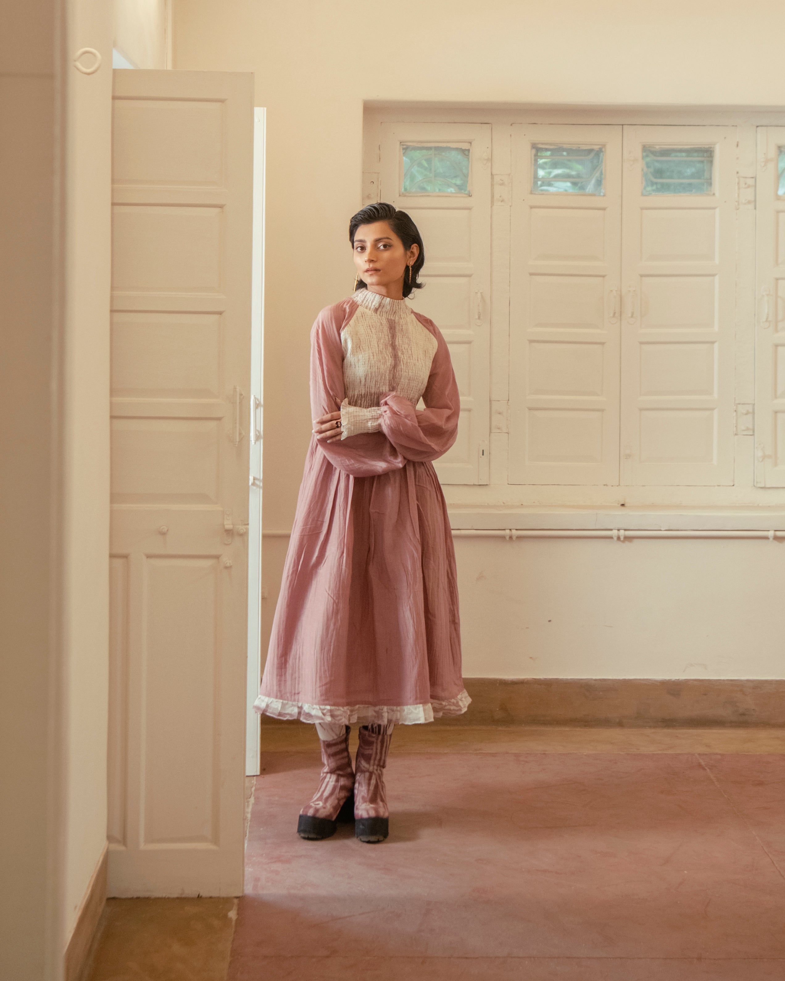 Dusty Blush by The Loom Art with Casual Wear, Chanderi Organza Silk, Fitted At Waist, July Sale, July Sale 2023, Lucid Dreams by The Loom Art, Luicid Dream, Midi Dresses, Organic, Pink, Solids, Womenswear at Kamakhyaa for sustainable fashion