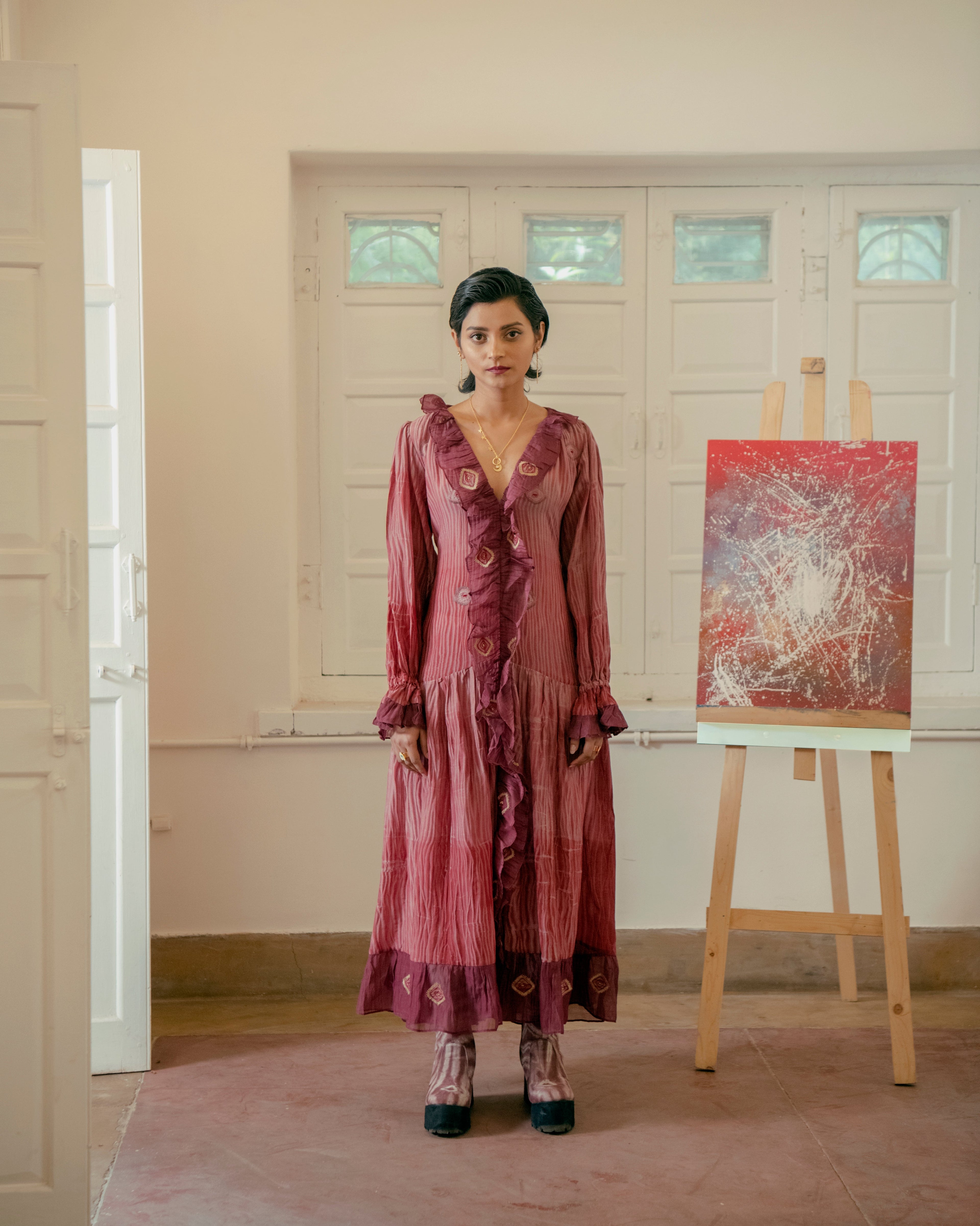 Hibiscus Love by The Loom Art with Casual Wear, Embroidered, Handwoven Cotton Silk, July Sale, July Sale 2023, Lucid Dreams by The Loom Art, Luicid Dream, Office, Office Wear, Organic, Red, Regular Fit, Shirt Dresses, Womenswear at Kamakhyaa for sustainable fashion