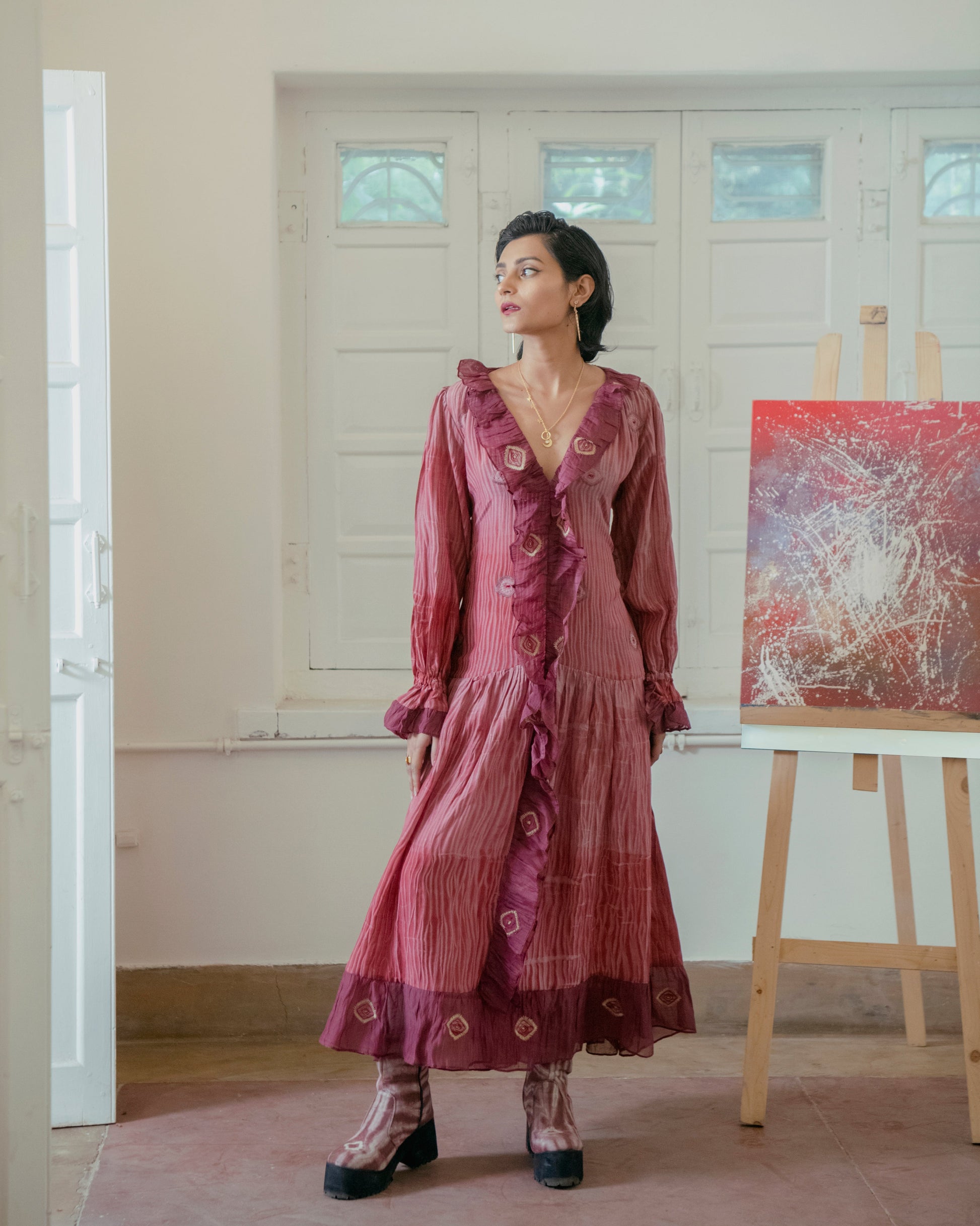 Hibiscus Love by The Loom Art with Casual Wear, Embroidered, Handwoven Cotton Silk, July Sale, July Sale 2023, Lucid Dreams by The Loom Art, Luicid Dream, Office, Office Wear, Organic, Red, Regular Fit, Shirt Dresses, Womenswear at Kamakhyaa for sustainable fashion