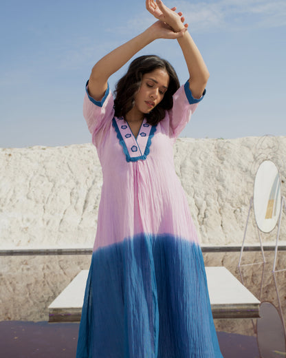 Blue Silk Midi Dress by The Loom Art with Aurora by The Loom Art, Best Selling, Blue, Casual Wear, Chanderi Silk, FB ADS JUNE, July Sale, July Sale 2023, Midi Dresses, Ombre & Dyes, Organic, Relaxed Fit, Womenswear at Kamakhyaa for sustainable fashion