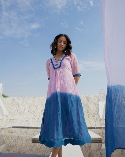 Blue Silk Midi Dress by The Loom Art with Aurora by The Loom Art, Best Selling, Blue, Casual Wear, Chanderi Silk, FB ADS JUNE, July Sale, July Sale 2023, Midi Dresses, Ombre & Dyes, Organic, Relaxed Fit, Womenswear at Kamakhyaa for sustainable fashion