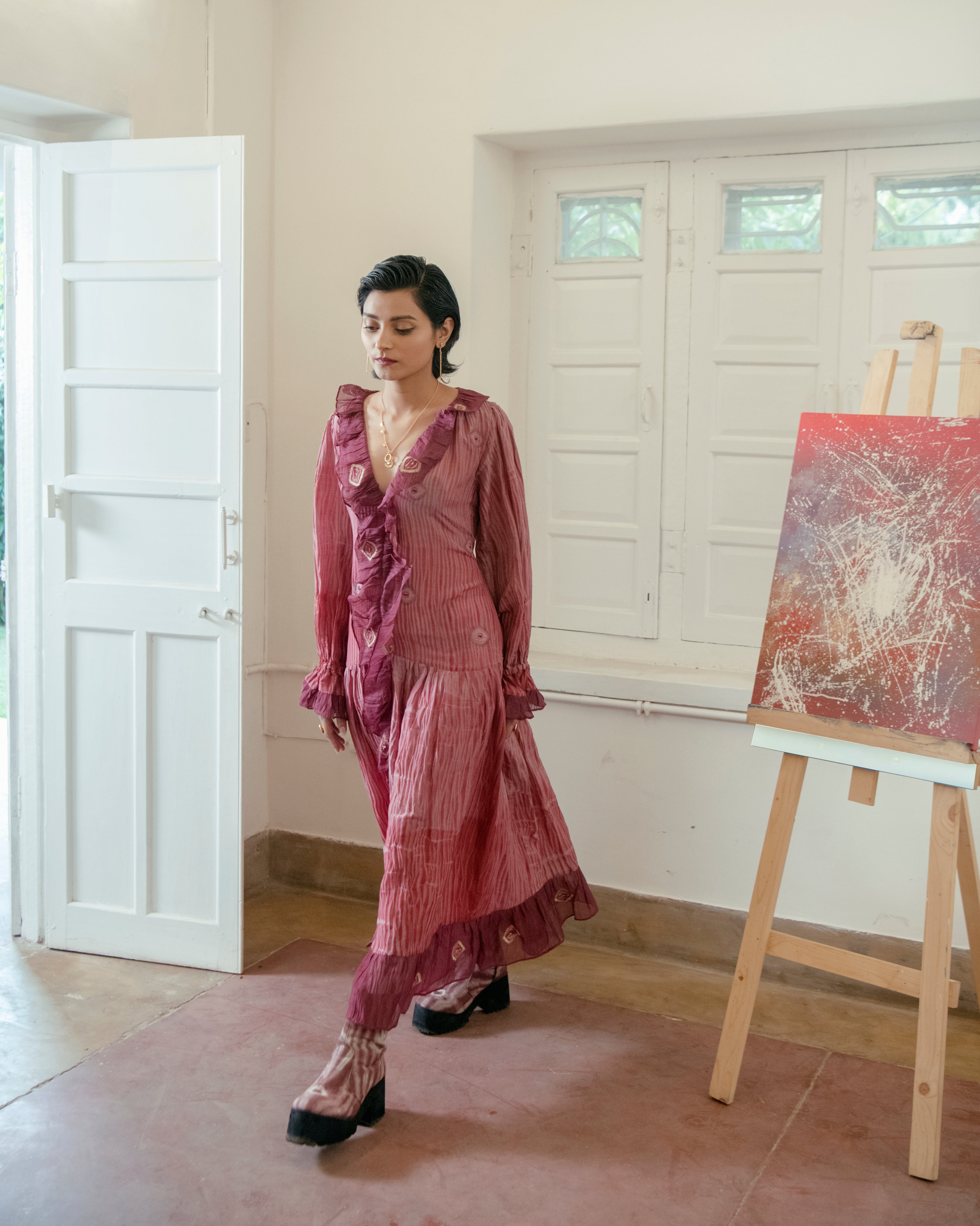 Hibiscus Love by The Loom Art with Casual Wear, Embroidered, Handwoven Cotton Silk, July Sale, July Sale 2023, Lucid Dreams by The Loom Art, Luicid Dream, Office, Office Wear, Organic, Red, Regular Fit, Shirt Dresses, Womenswear at Kamakhyaa for sustainable fashion