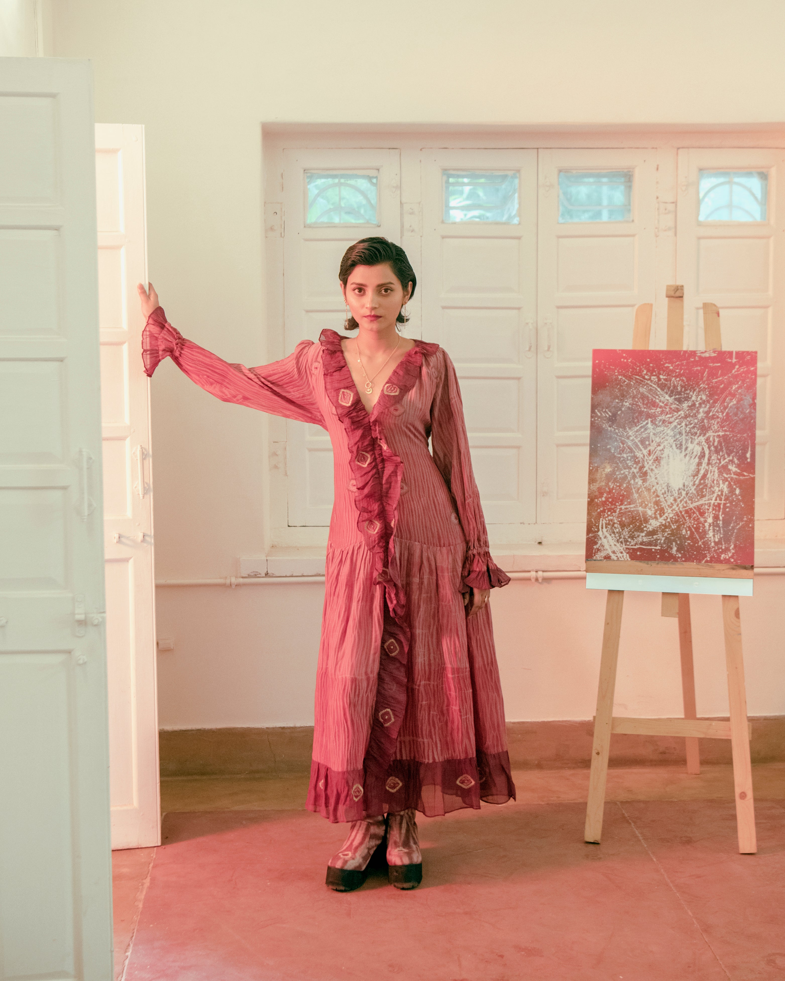 Hibiscus Love by The Loom Art with Casual Wear, Embroidered, Handwoven Cotton Silk, July Sale, July Sale 2023, Lucid Dreams by The Loom Art, Luicid Dream, Office, Office Wear, Organic, Red, Regular Fit, Shirt Dresses, Womenswear at Kamakhyaa for sustainable fashion