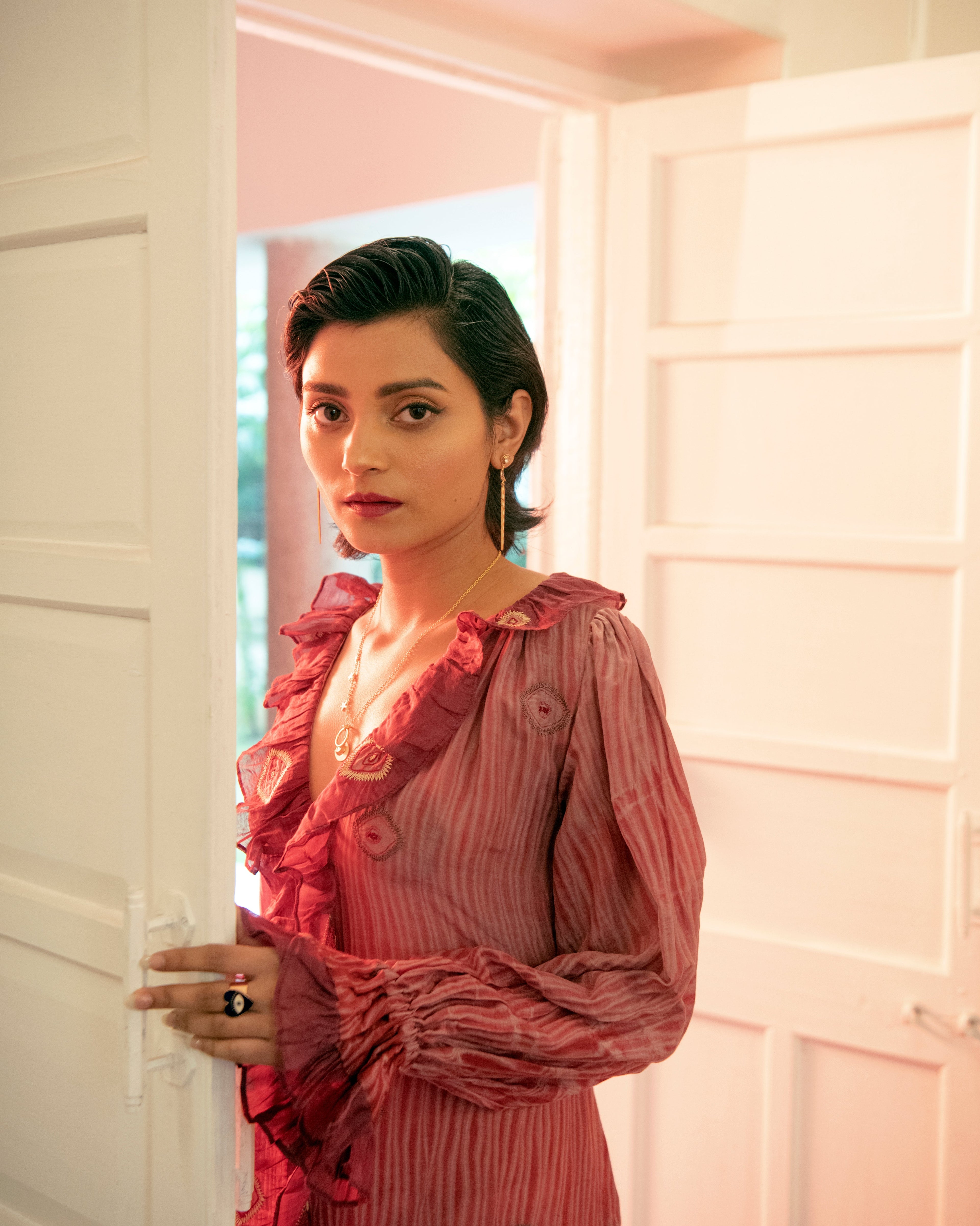 Hibiscus Love by The Loom Art with Casual Wear, Embroidered, Handwoven Cotton Silk, July Sale, July Sale 2023, Lucid Dreams by The Loom Art, Luicid Dream, Office, Office Wear, Organic, Red, Regular Fit, Shirt Dresses, Womenswear at Kamakhyaa for sustainable fashion