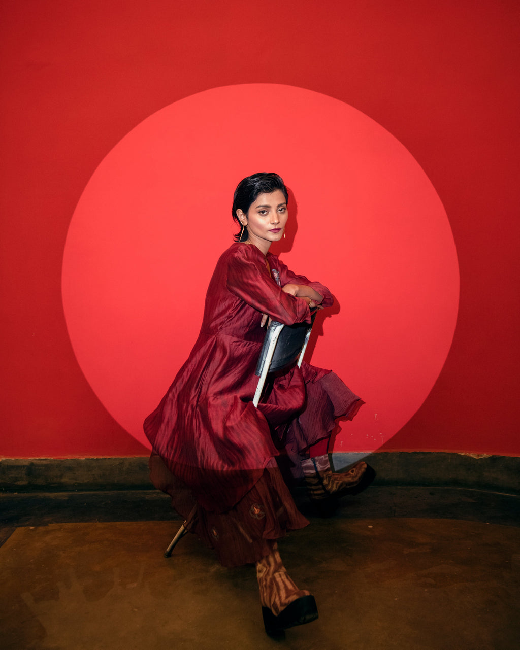 Twilight by The Loom Art with Casual Wear, Chanderi Organza Silk, Chanderi Silk, July Sale, July Sale 2023, Lucid Dreams by The Loom Art, Luicid Dream, Maxi Dresses, Office, Office Wear, Organic, Red, Solids, Womenswear at Kamakhyaa for sustainable fashion