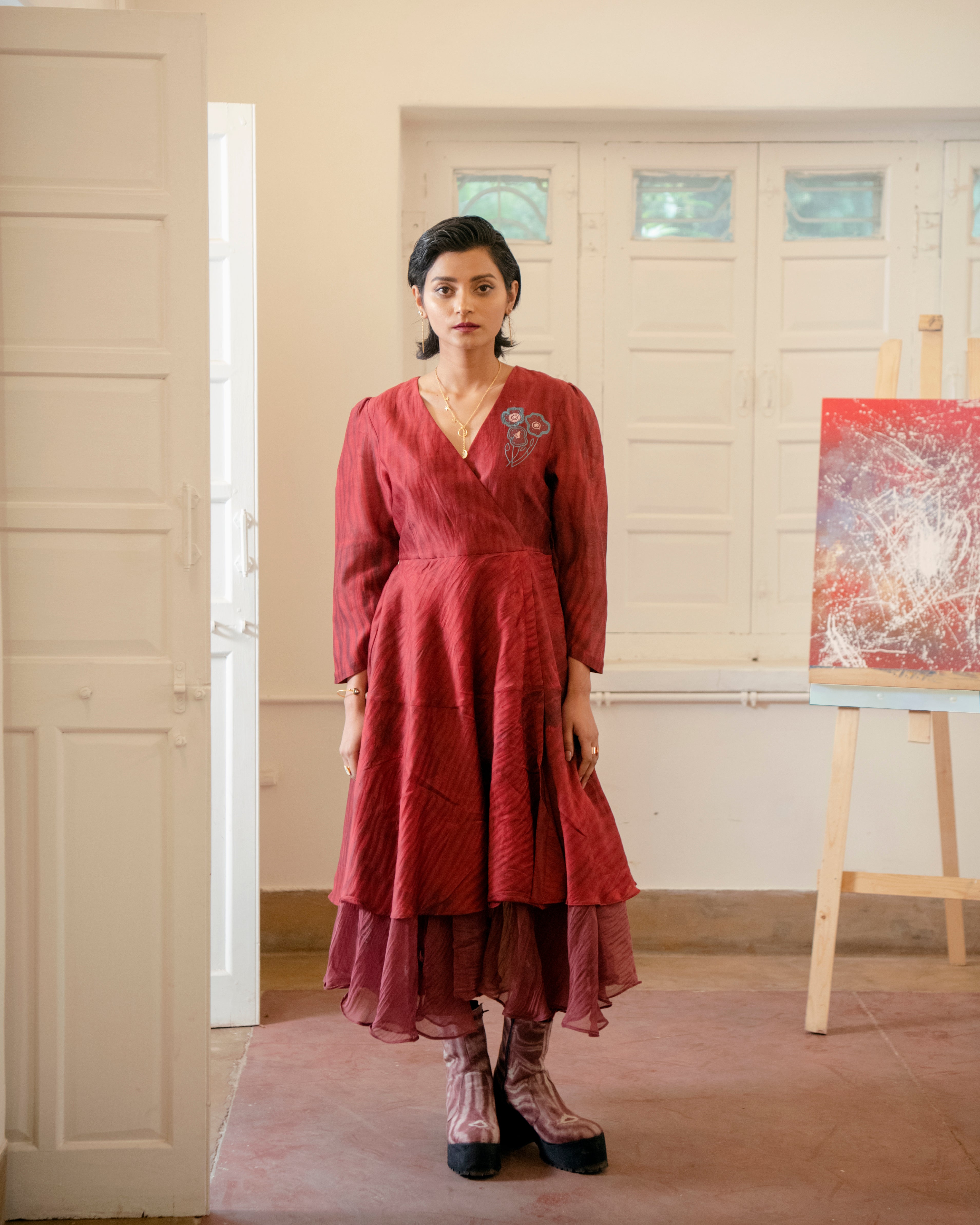 Twilight by The Loom Art with Casual Wear, Chanderi Organza Silk, Chanderi Silk, July Sale, July Sale 2023, Lucid Dreams by The Loom Art, Luicid Dream, Maxi Dresses, Office, Office Wear, Organic, Red, Solids, Womenswear at Kamakhyaa for sustainable fashion