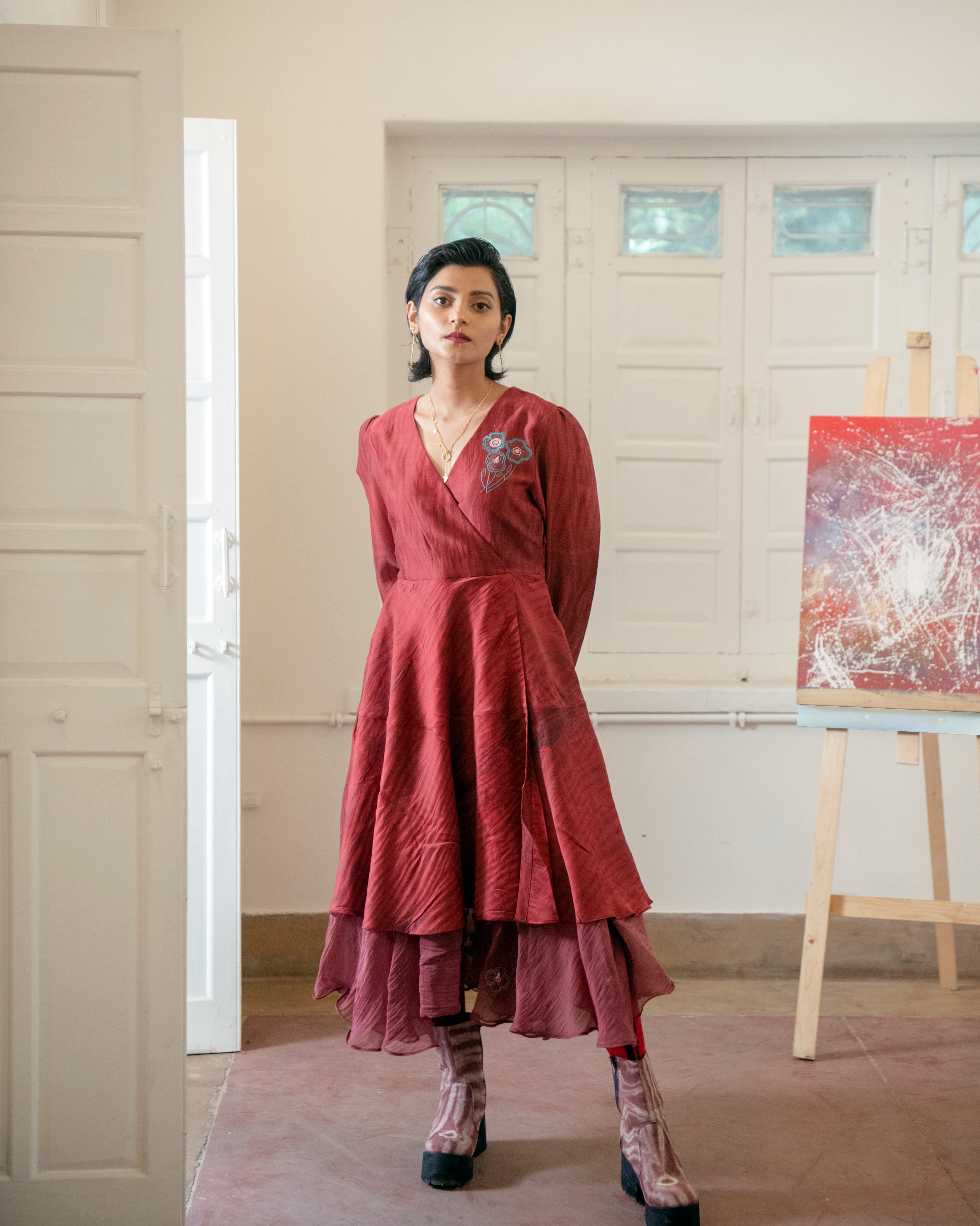 Twilight by The Loom Art with Casual Wear, Chanderi Organza Silk, Chanderi Silk, July Sale, July Sale 2023, Lucid Dreams by The Loom Art, Luicid Dream, Maxi Dresses, Office, Office Wear, Organic, Red, Solids, Womenswear at Kamakhyaa for sustainable fashion