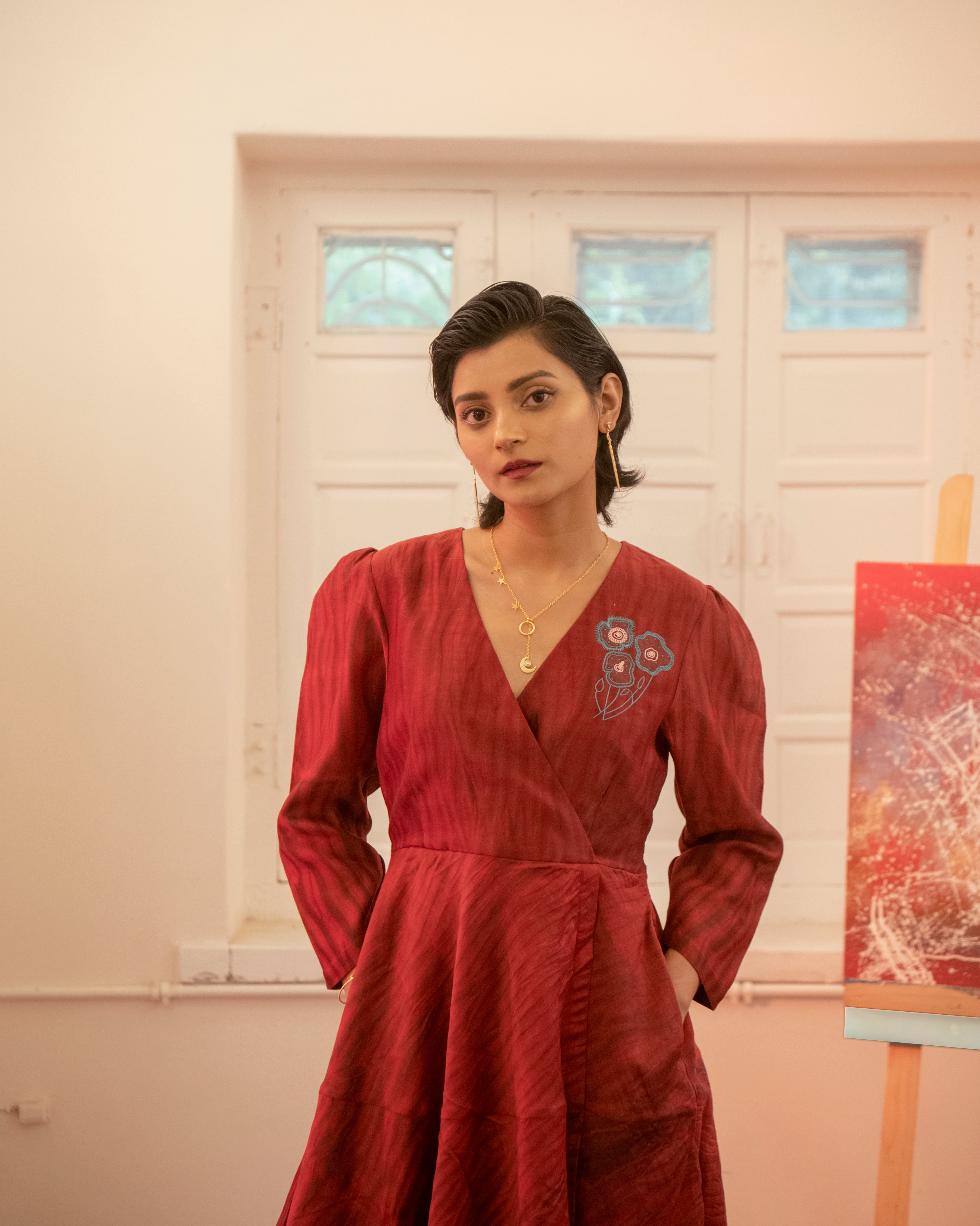 Twilight by The Loom Art with Casual Wear, Chanderi Organza Silk, Chanderi Silk, July Sale, July Sale 2023, Lucid Dreams by The Loom Art, Luicid Dream, Maxi Dresses, Office, Office Wear, Organic, Red, Solids, Womenswear at Kamakhyaa for sustainable fashion