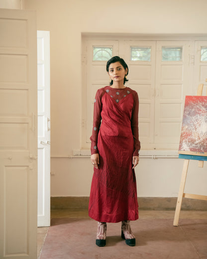 Blood Martina by The Loom Art with Casual Wear, Chanderi Organza Silk, For Daughter, July Sale, July Sale 2023, Lucid Dreams by The Loom Art, Luicid Dream, Maxi Dresses, Organic, Red, Silk, Solids, Womenswear at Kamakhyaa for sustainable fashion