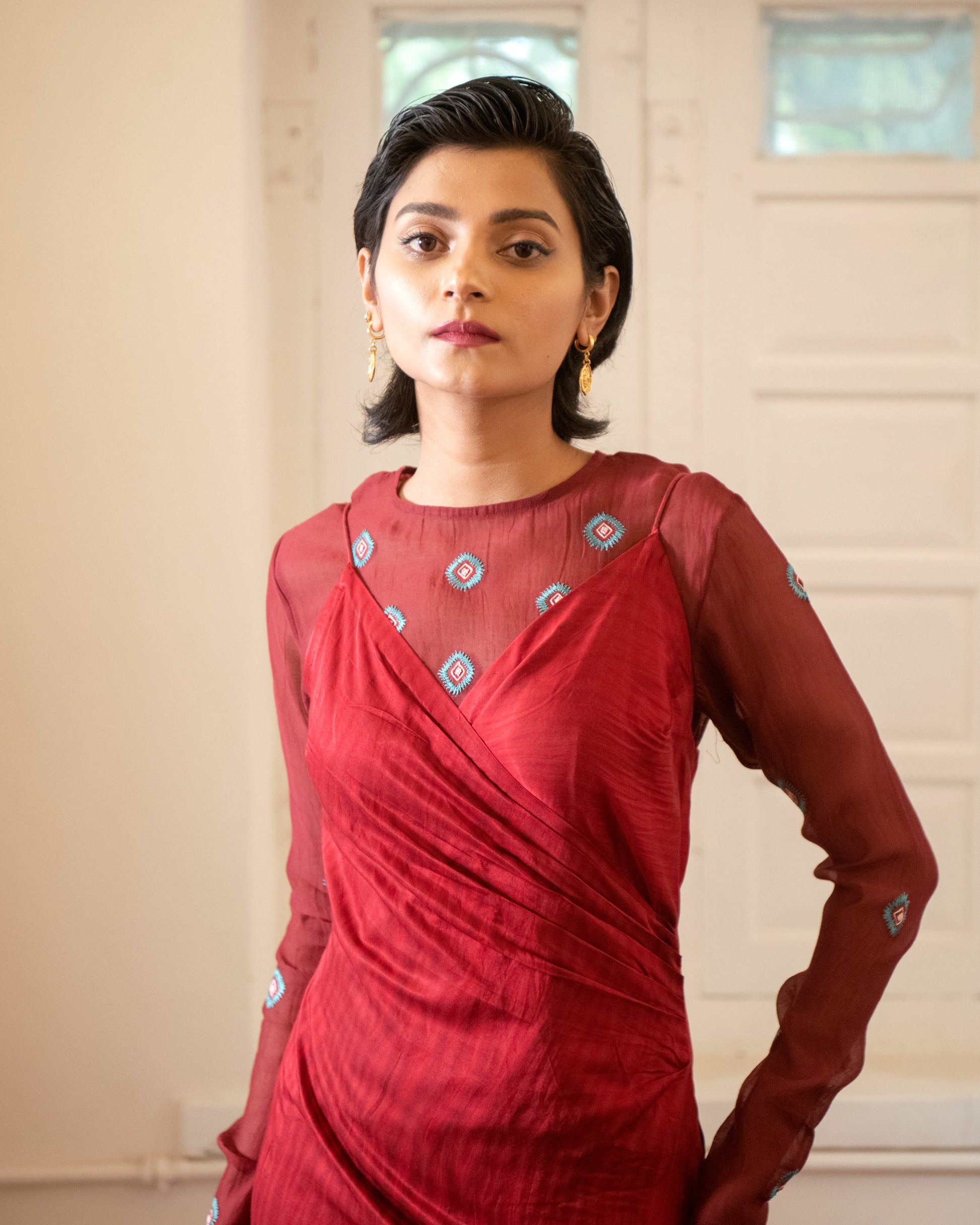 Blood Martina by The Loom Art with Casual Wear, Chanderi Organza Silk, For Daughter, July Sale, July Sale 2023, Lucid Dreams by The Loom Art, Luicid Dream, Maxi Dresses, Organic, Red, Silk, Solids, Womenswear at Kamakhyaa for sustainable fashion