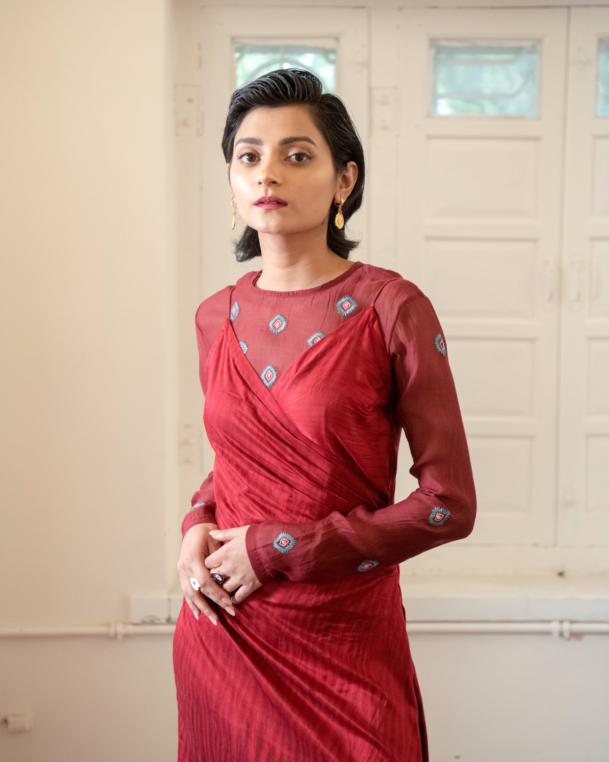 Blood Martina by The Loom Art with Casual Wear, Chanderi Organza Silk, For Daughter, July Sale, July Sale 2023, Lucid Dreams by The Loom Art, Luicid Dream, Maxi Dresses, Organic, Red, Silk, Solids, Womenswear at Kamakhyaa for sustainable fashion